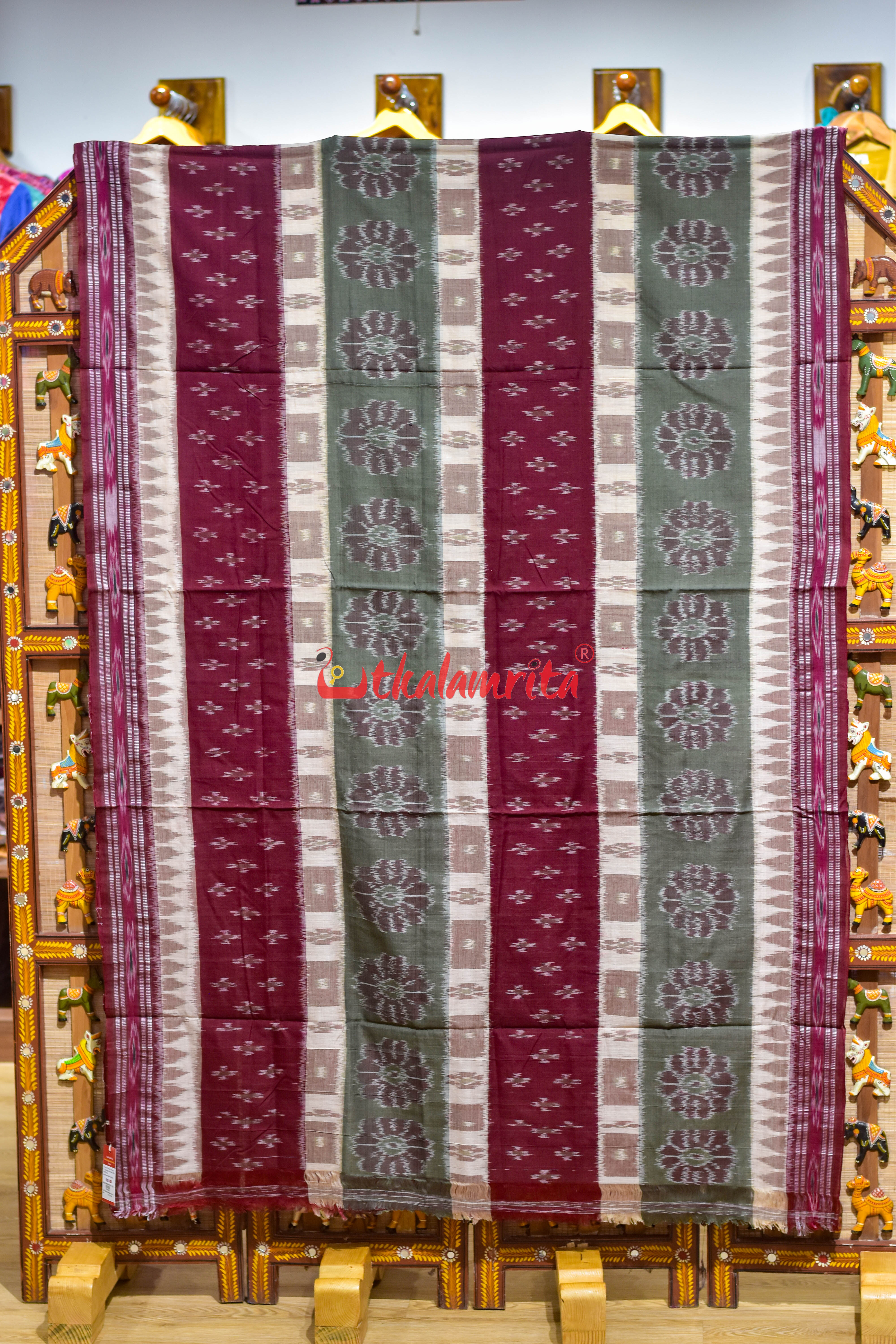 Special 7D Offwhite Maroon Olive Khandua Cotton Saree