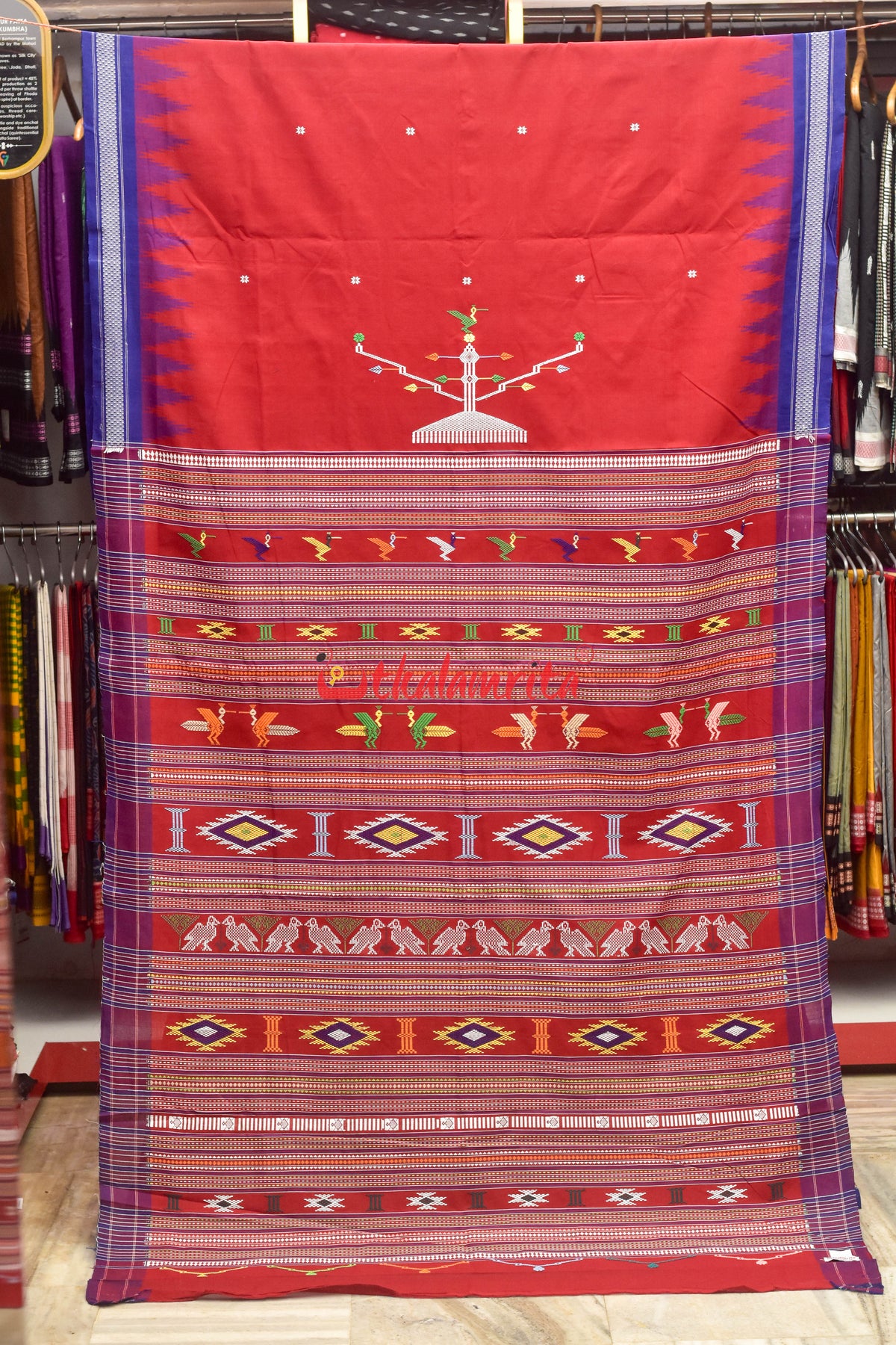 Red Blue Original Ganjam Bomkai Cotton Saree