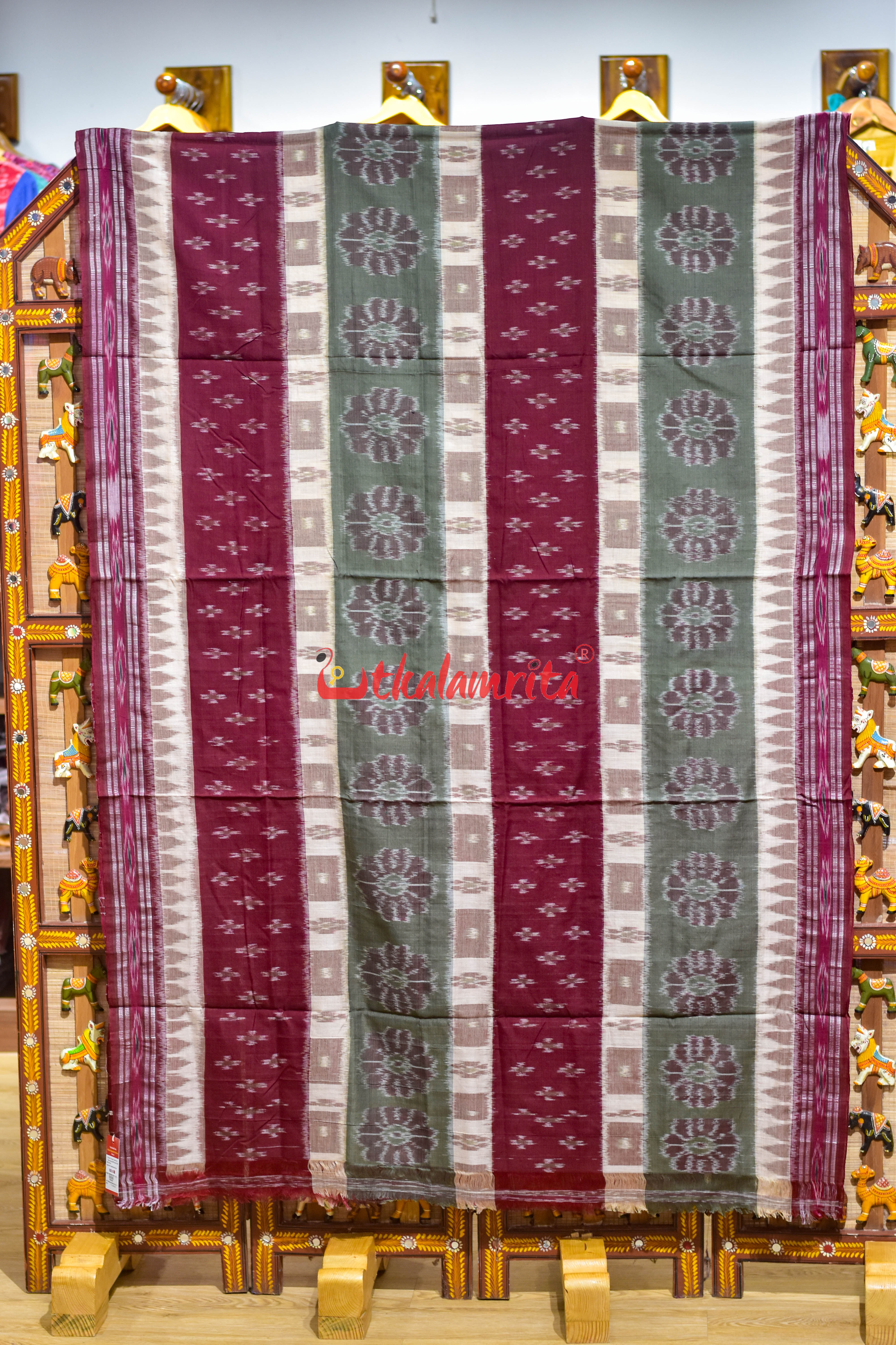 Special 7D Offwhite Maroon Olive Khandua Cotton Saree