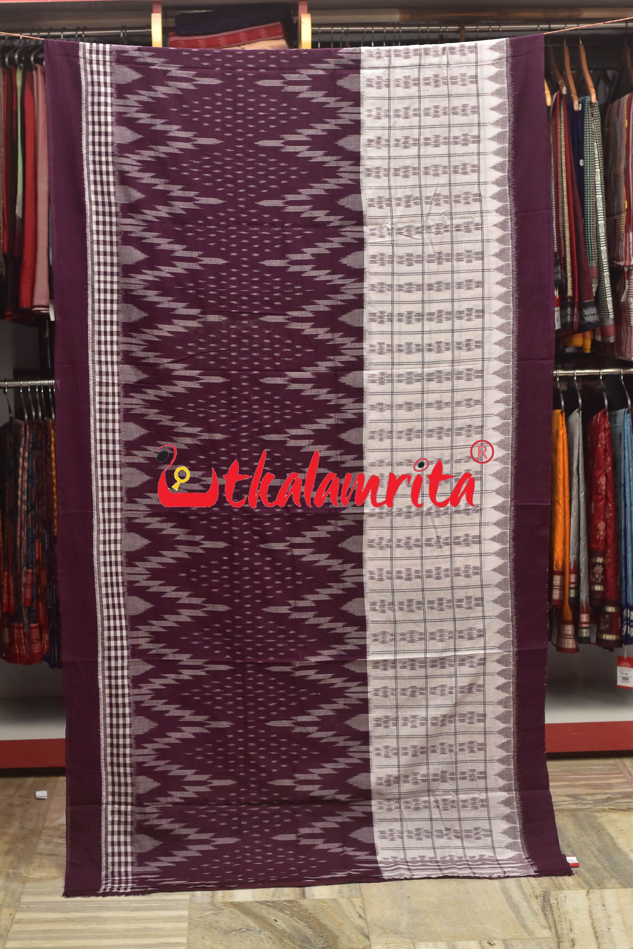 Half Half Grape White Khandua Cotton Checks Saree