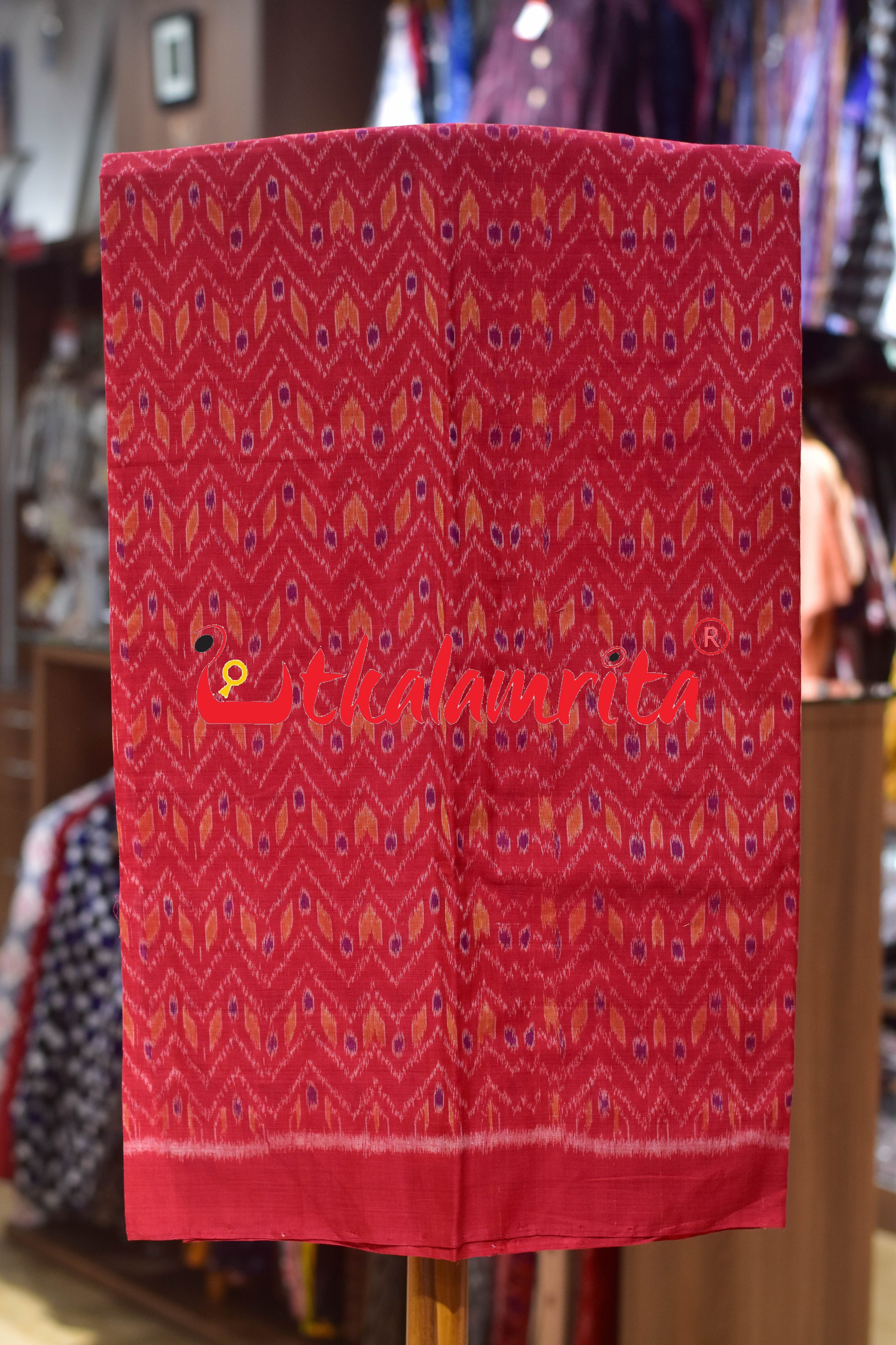 Red Yellow Thikiri Waves Sambalpuri Cotton Dress Set