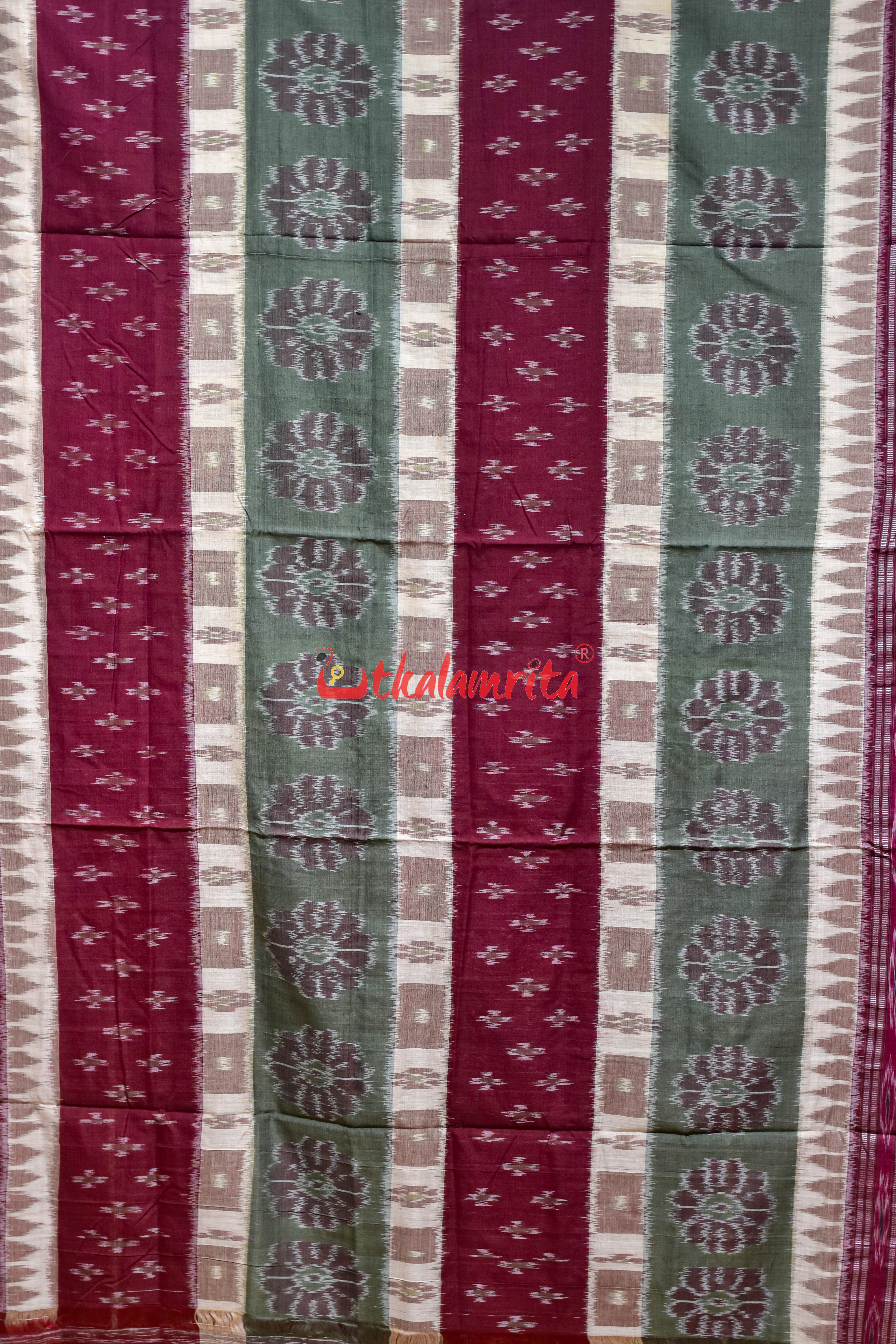 Special 7D Offwhite Maroon Olive Khandua Cotton Saree