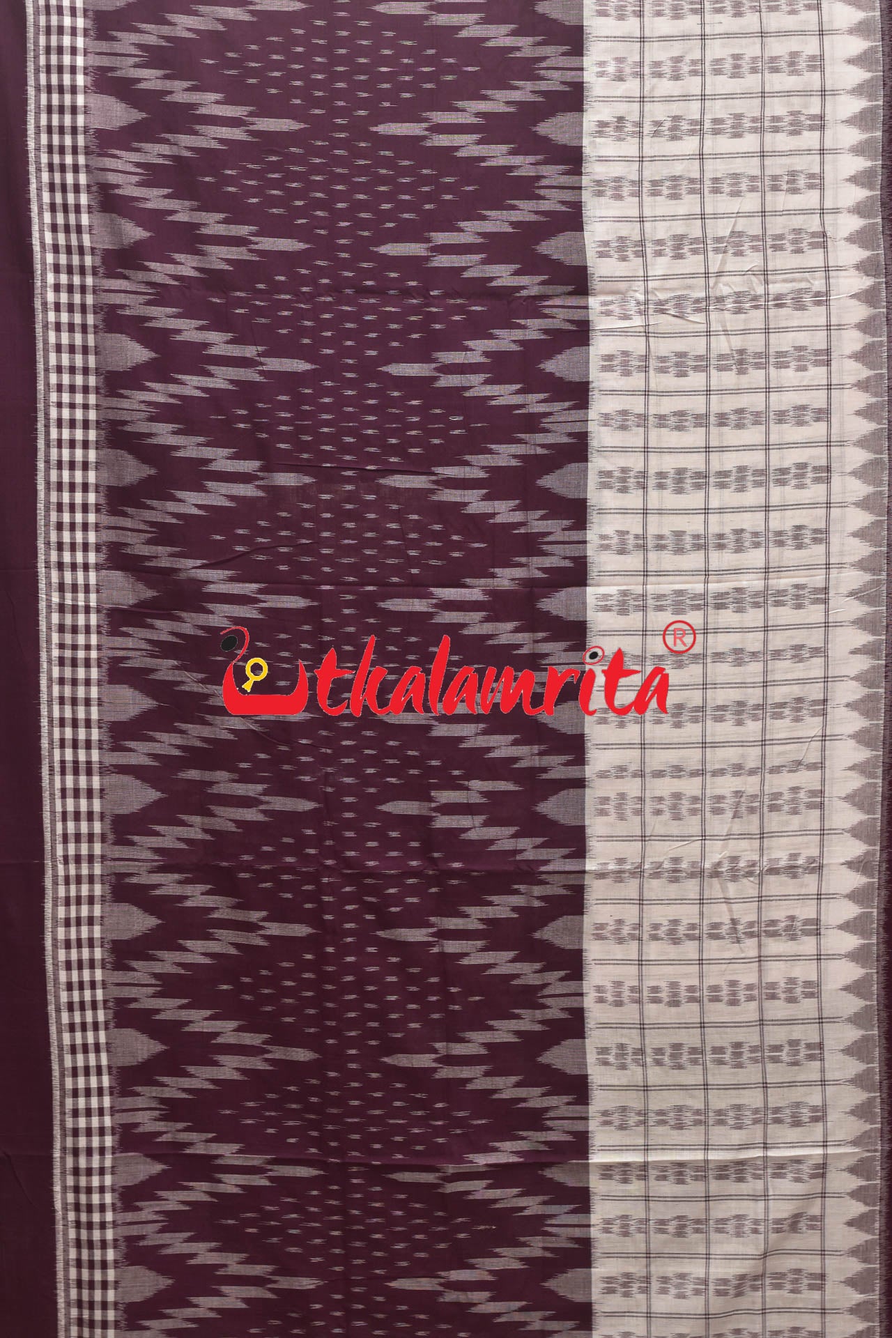 Half Half Grape White Khandua Cotton Checks Saree