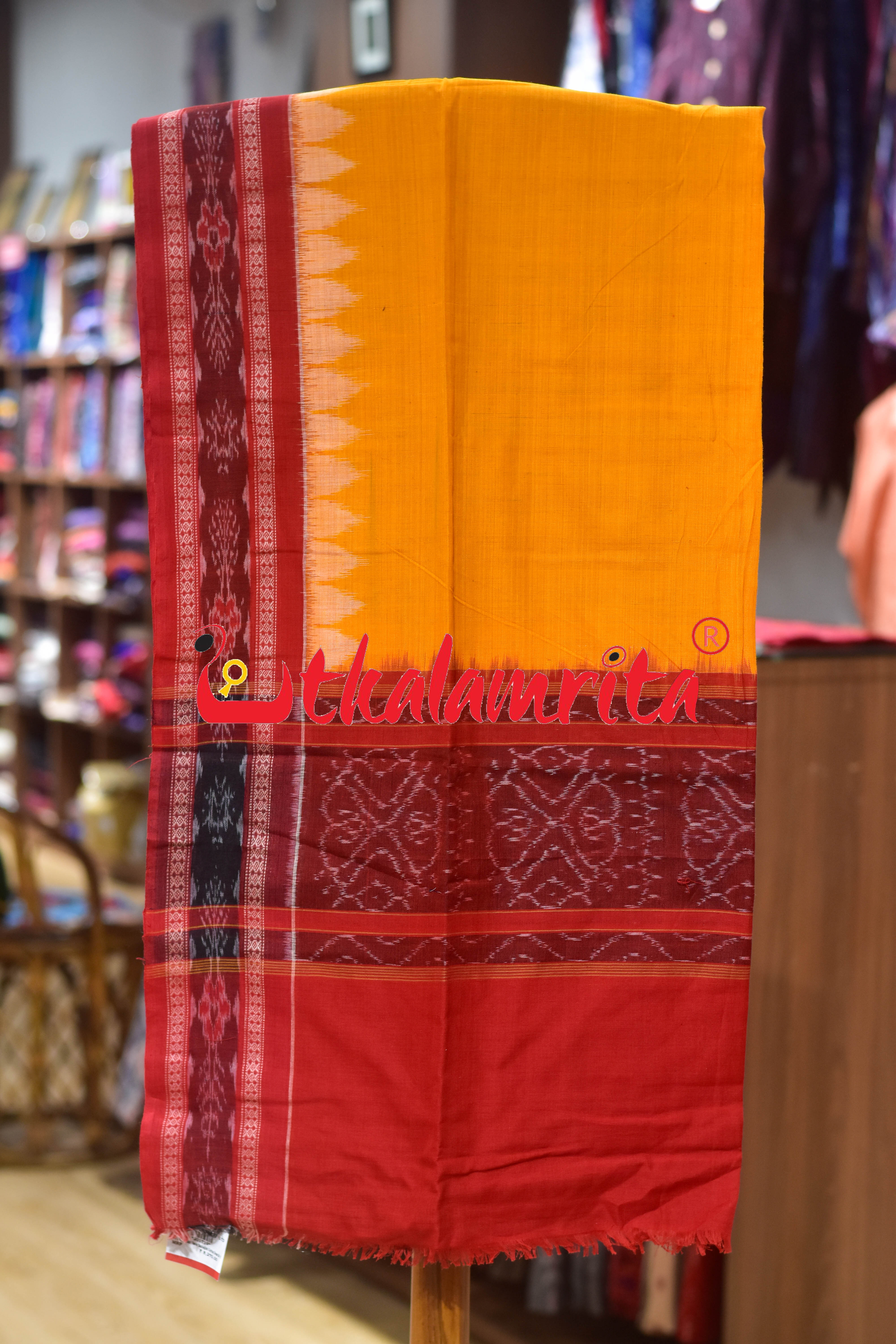 Red Yellow Thikiri Waves Sambalpuri Cotton Dress Set