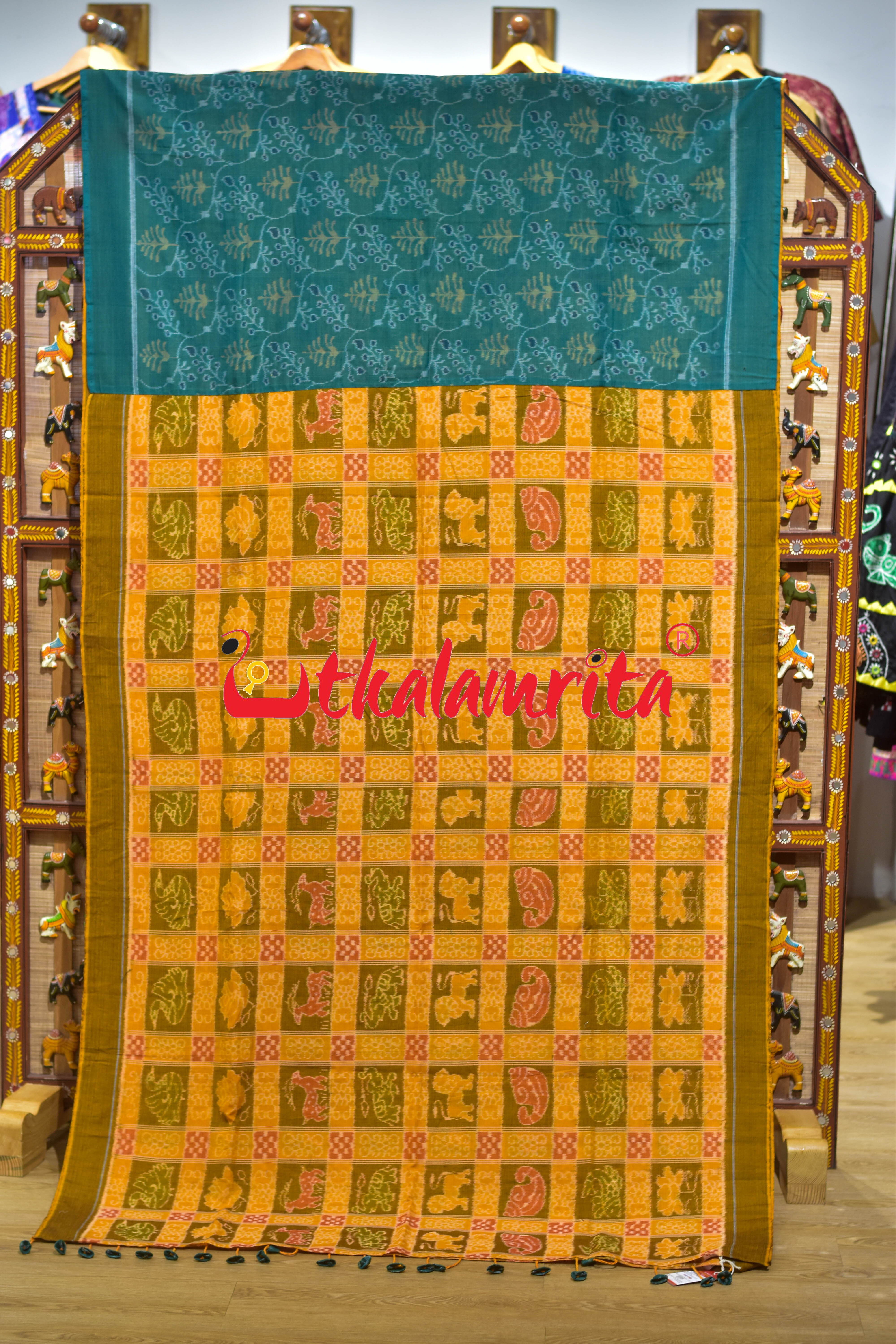 Yellow Nabakothi Half Green Designer Cotton Saree