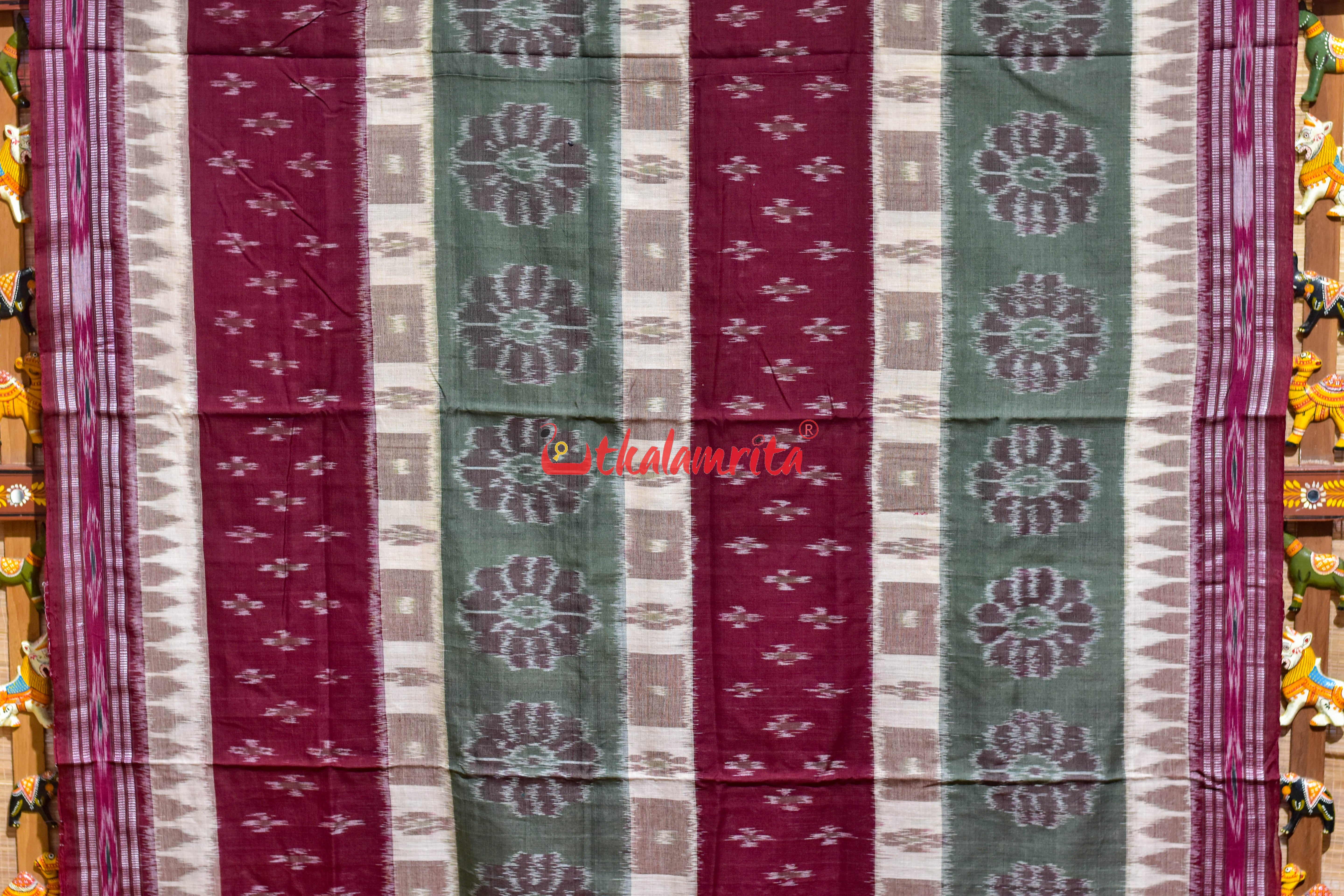 Special 7D Offwhite Maroon Olive Khandua Cotton Saree