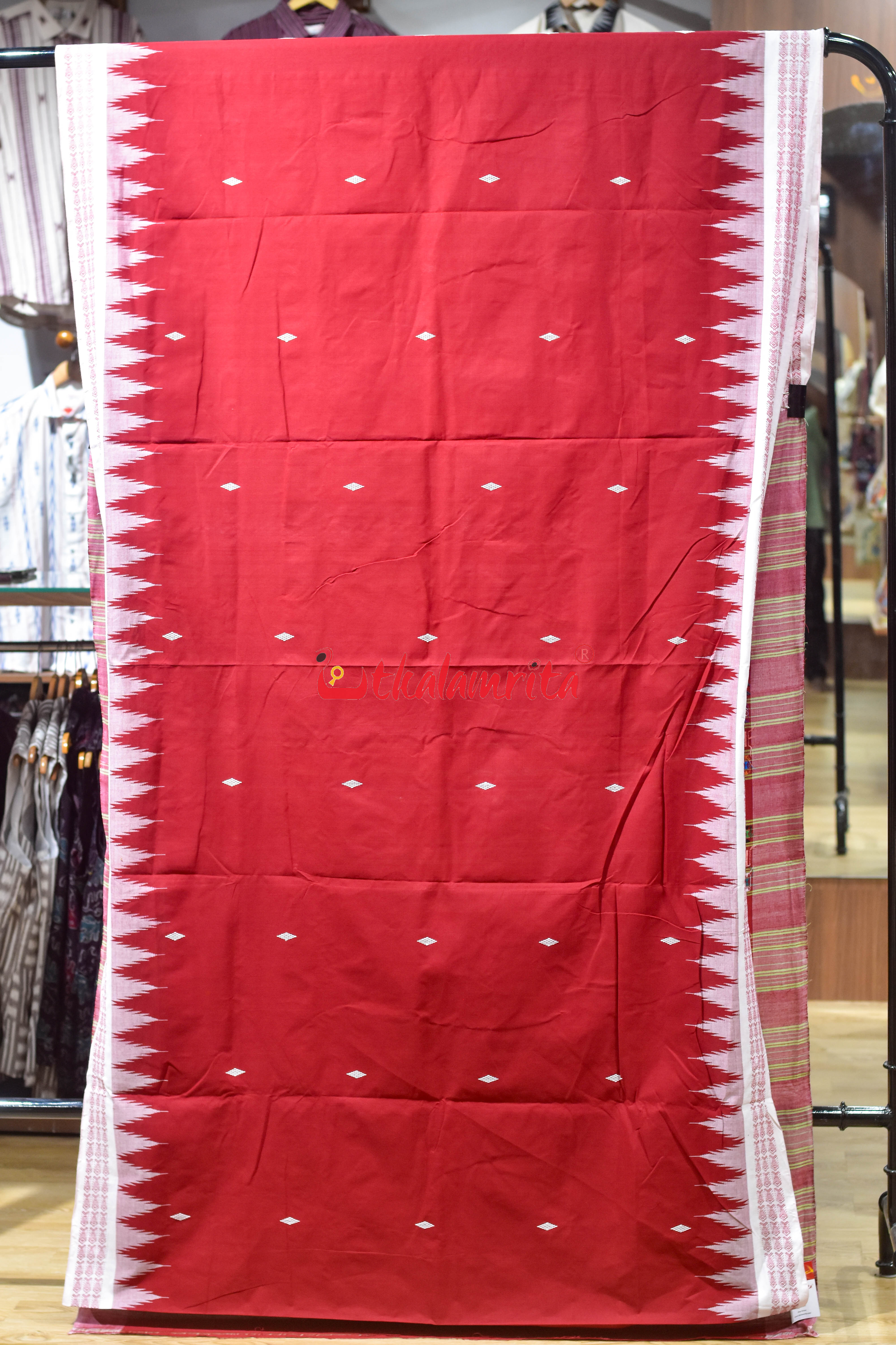 Sindoori Red Fish Border Original Ganjam Bomkai Cotton Saree