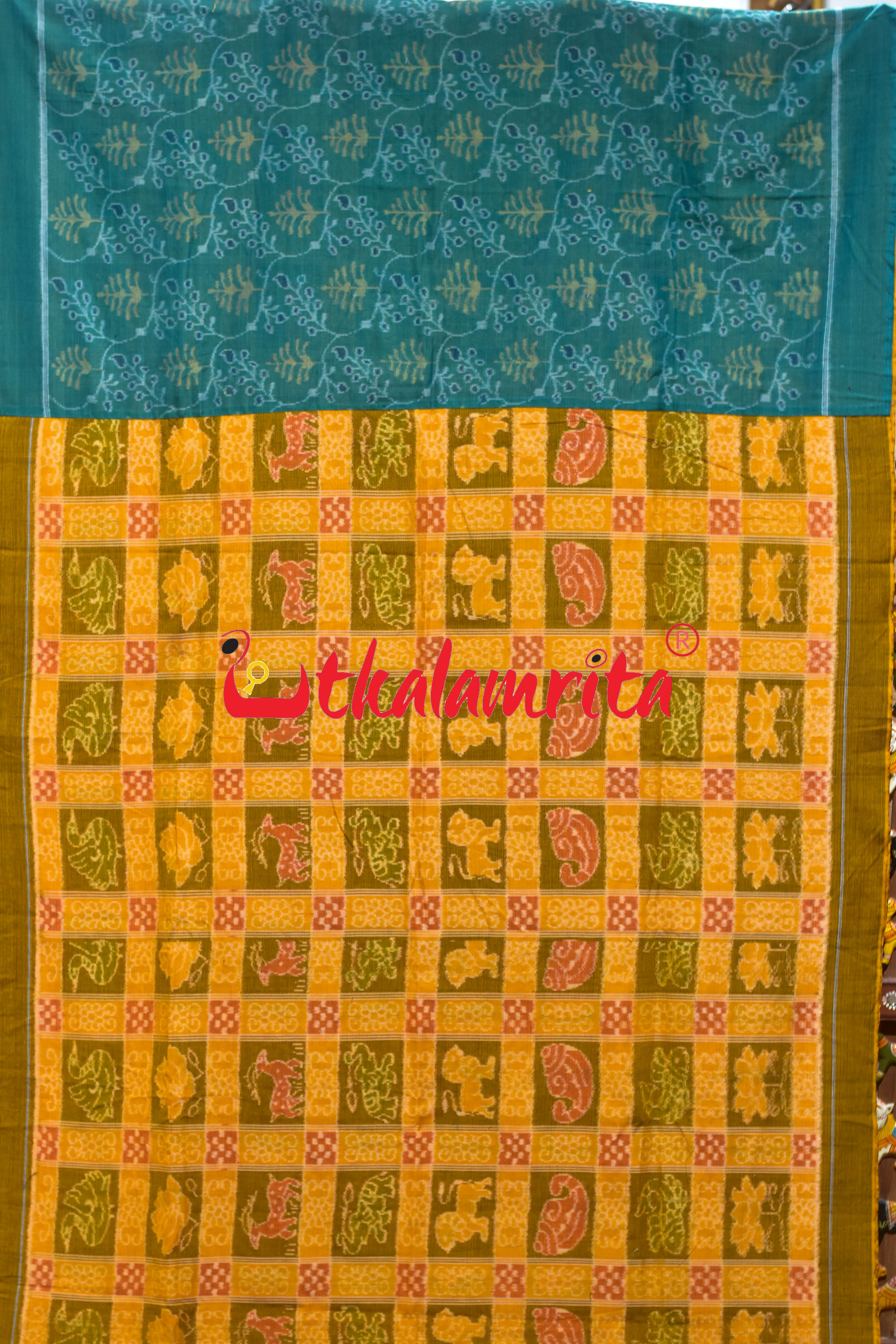 Yellow Nabakothi Half Green Designer Cotton Saree