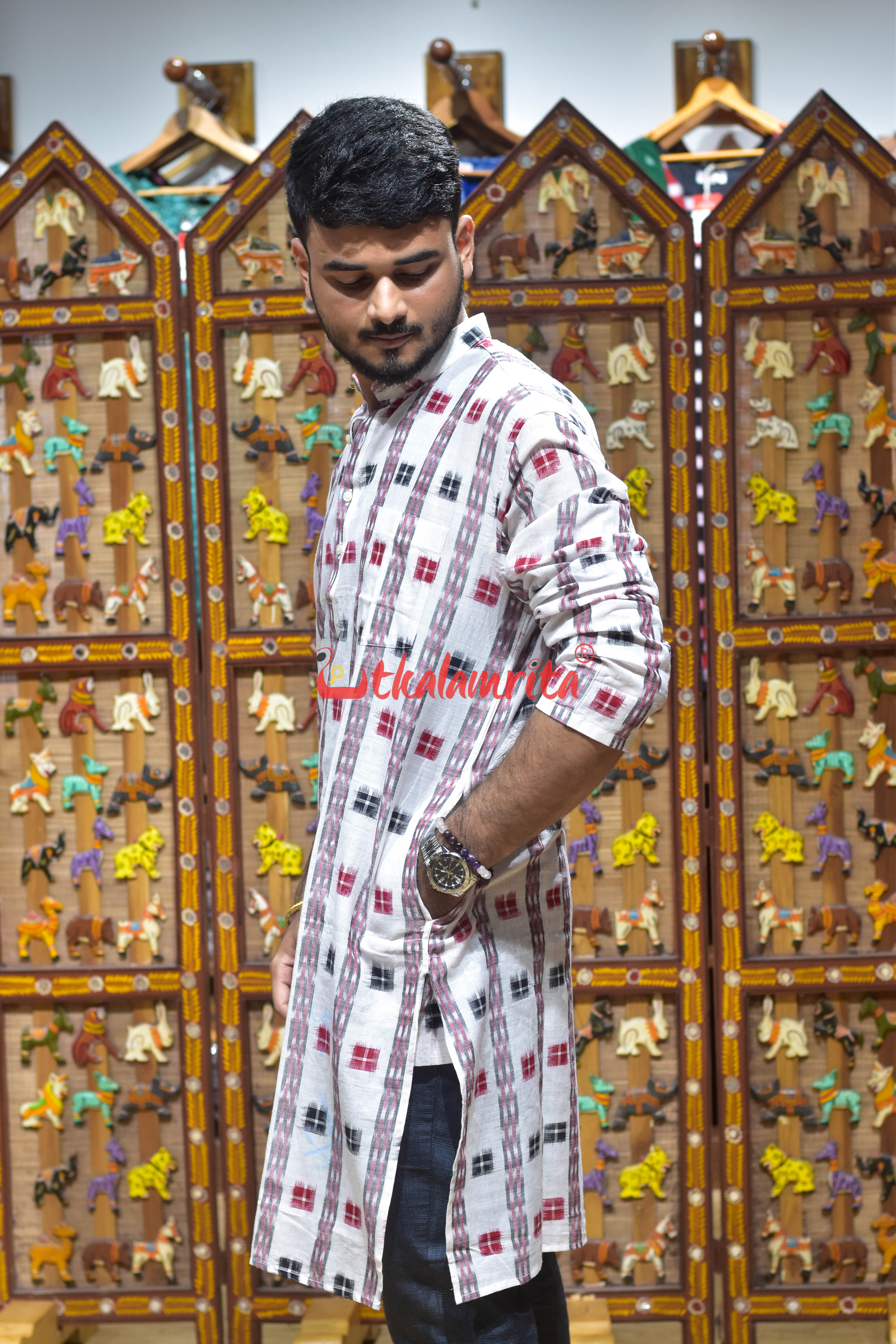 White Black Red Pasapali (Men's Long Kurta)