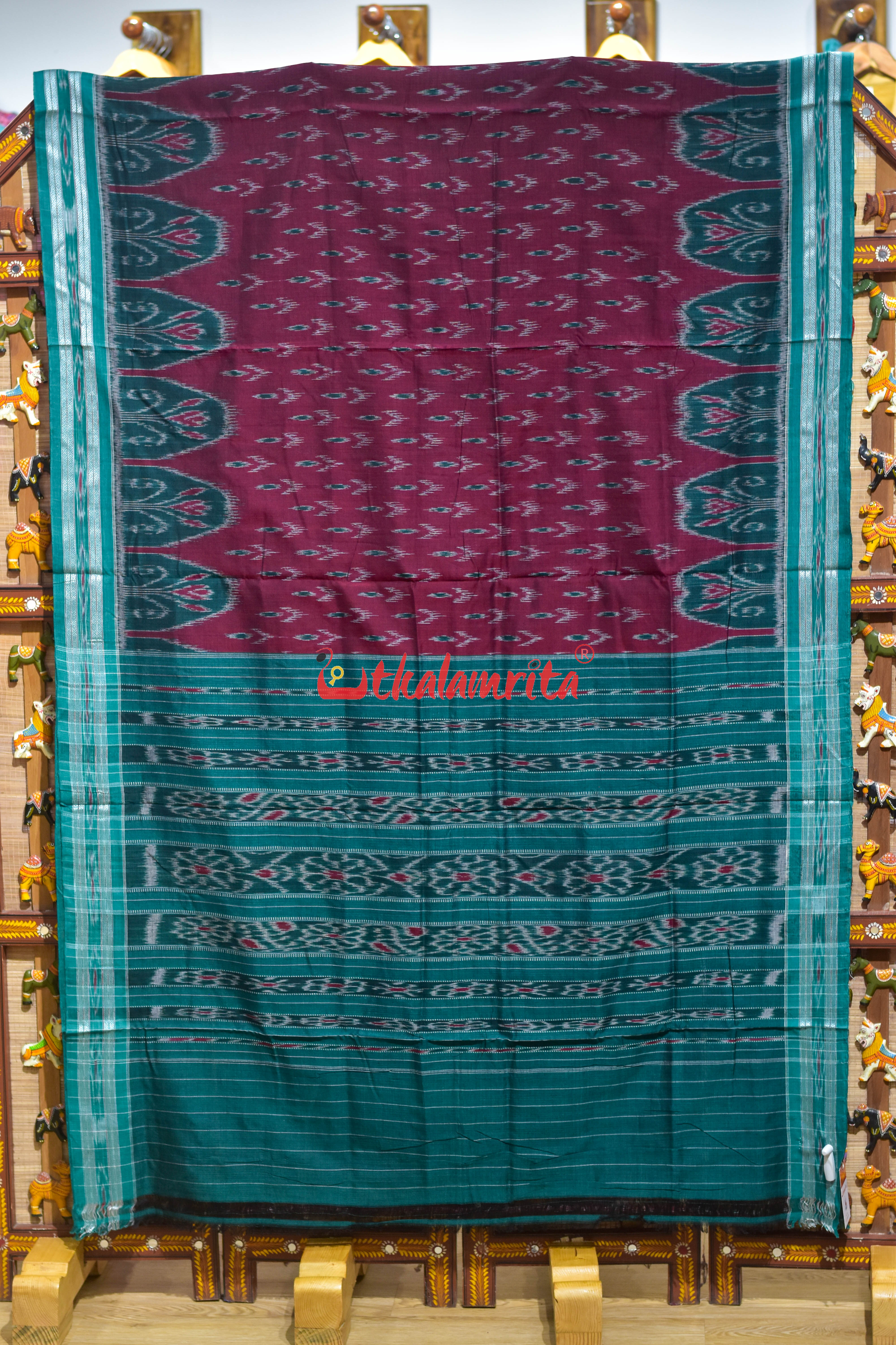 Maroon with Green Chandrika Khandua Cotton Saree