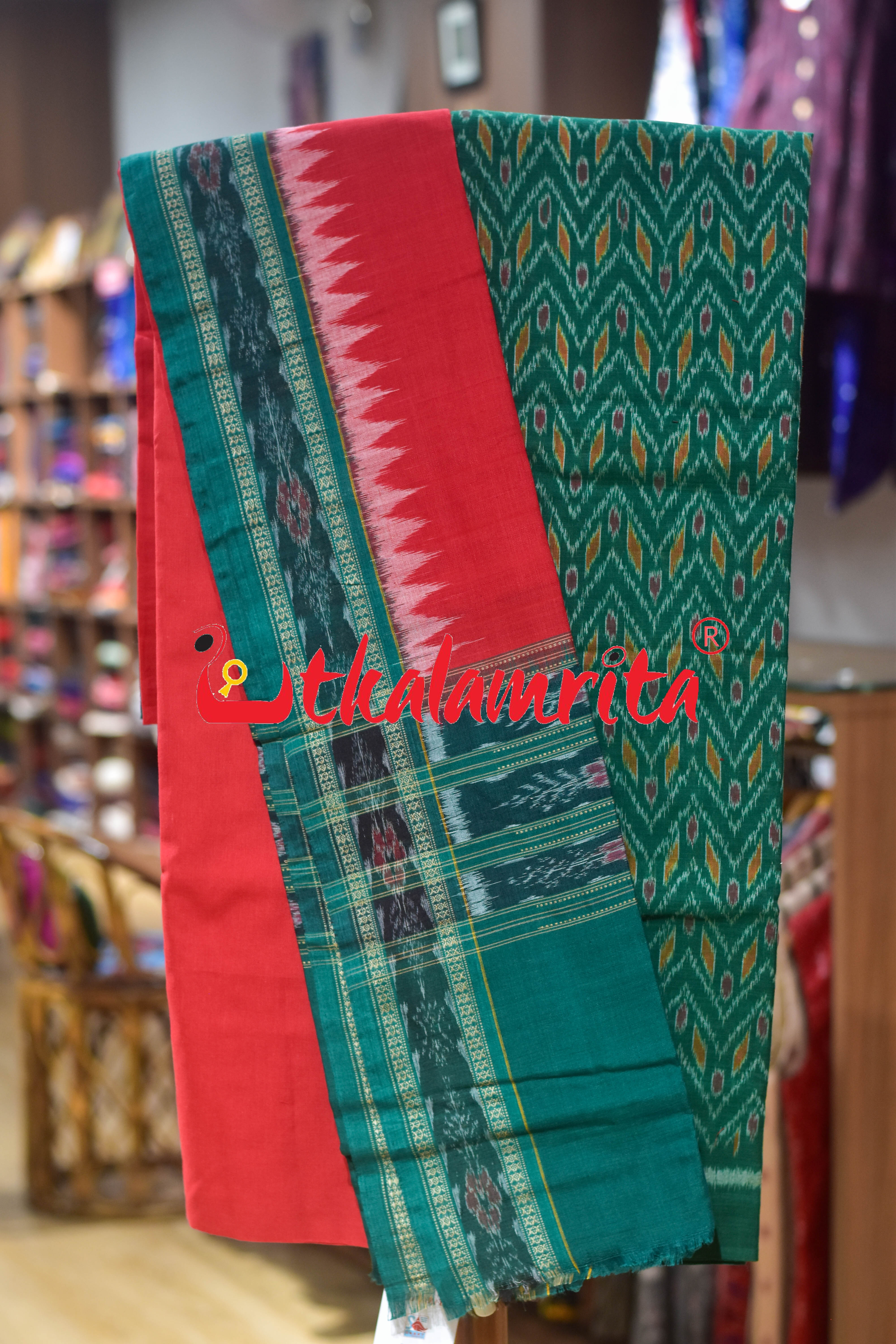 Green Red Thikiri Waves Sambalpuri Cotton Dress Set