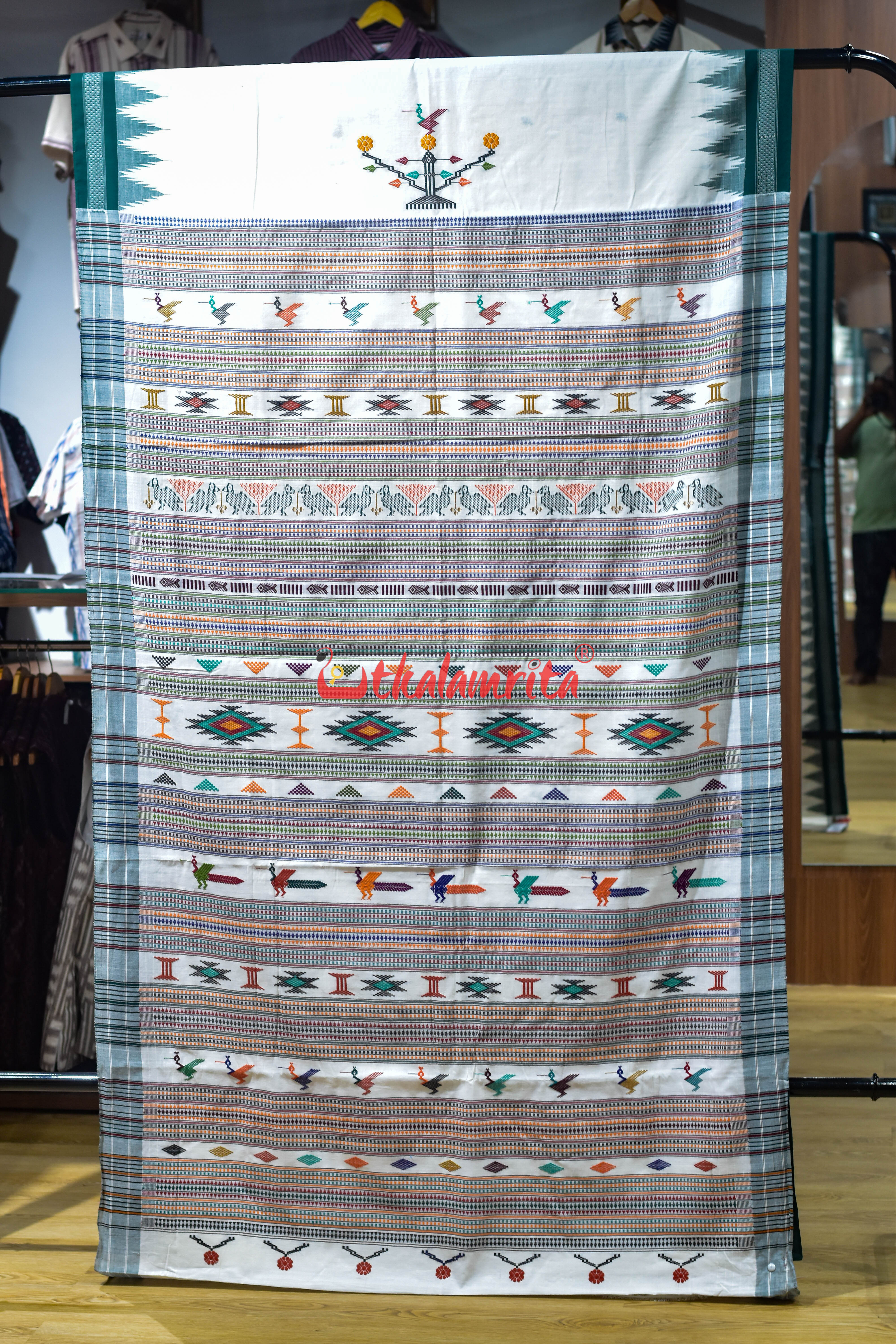 White Green Original Ganjam Bomkai Cotton Saree