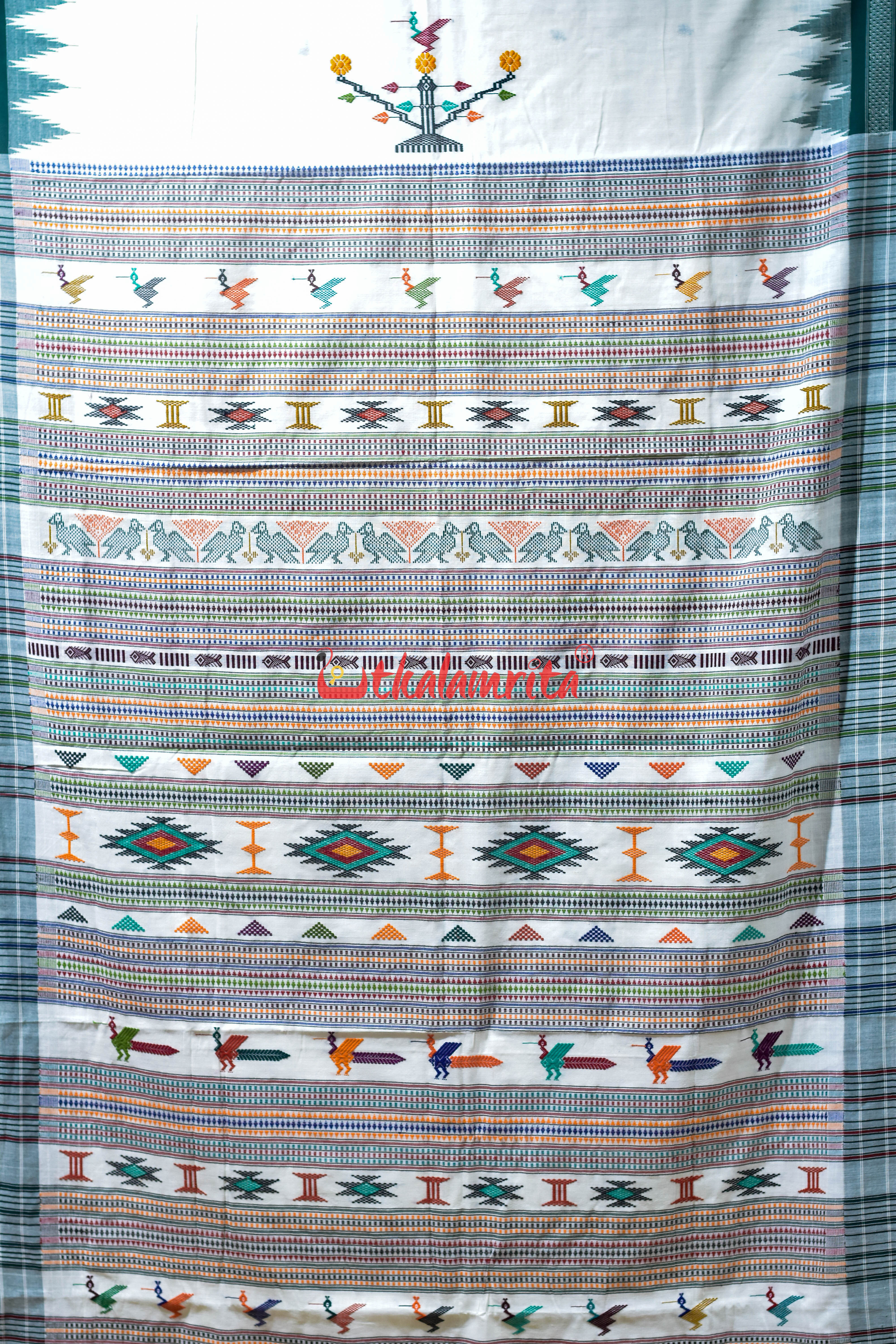White Green Original Ganjam Bomkai Cotton Saree