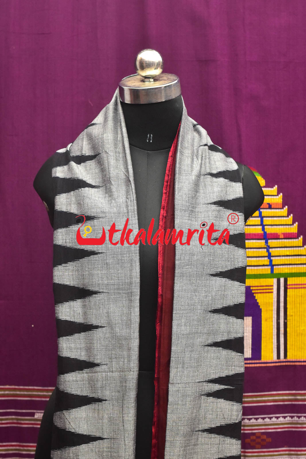 Grey Maroon Border Check Kumbha (Dupatta)