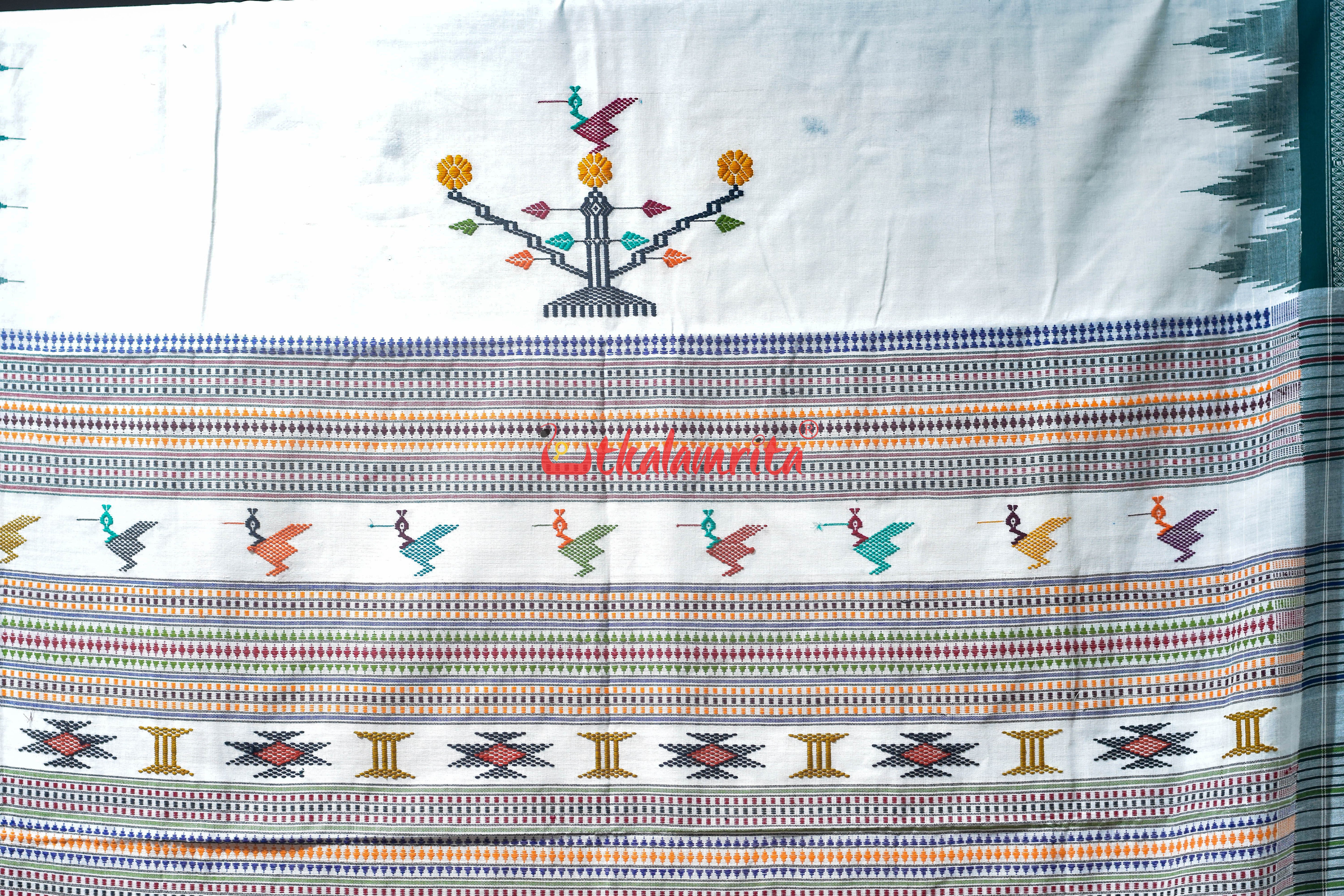 White Green Original Ganjam Bomkai Cotton Saree