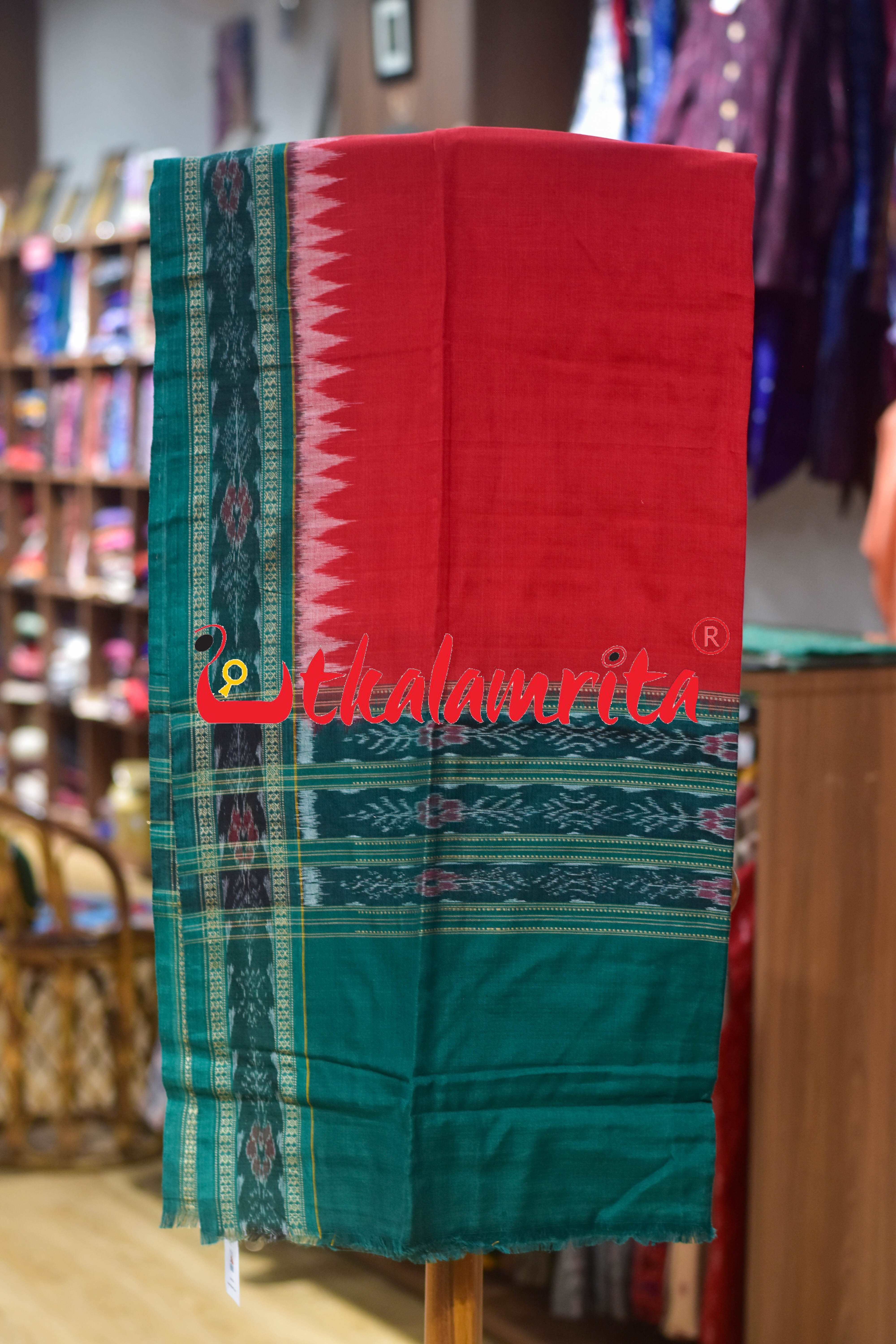 Green Red Thikiri Waves Sambalpuri Cotton Dress Set