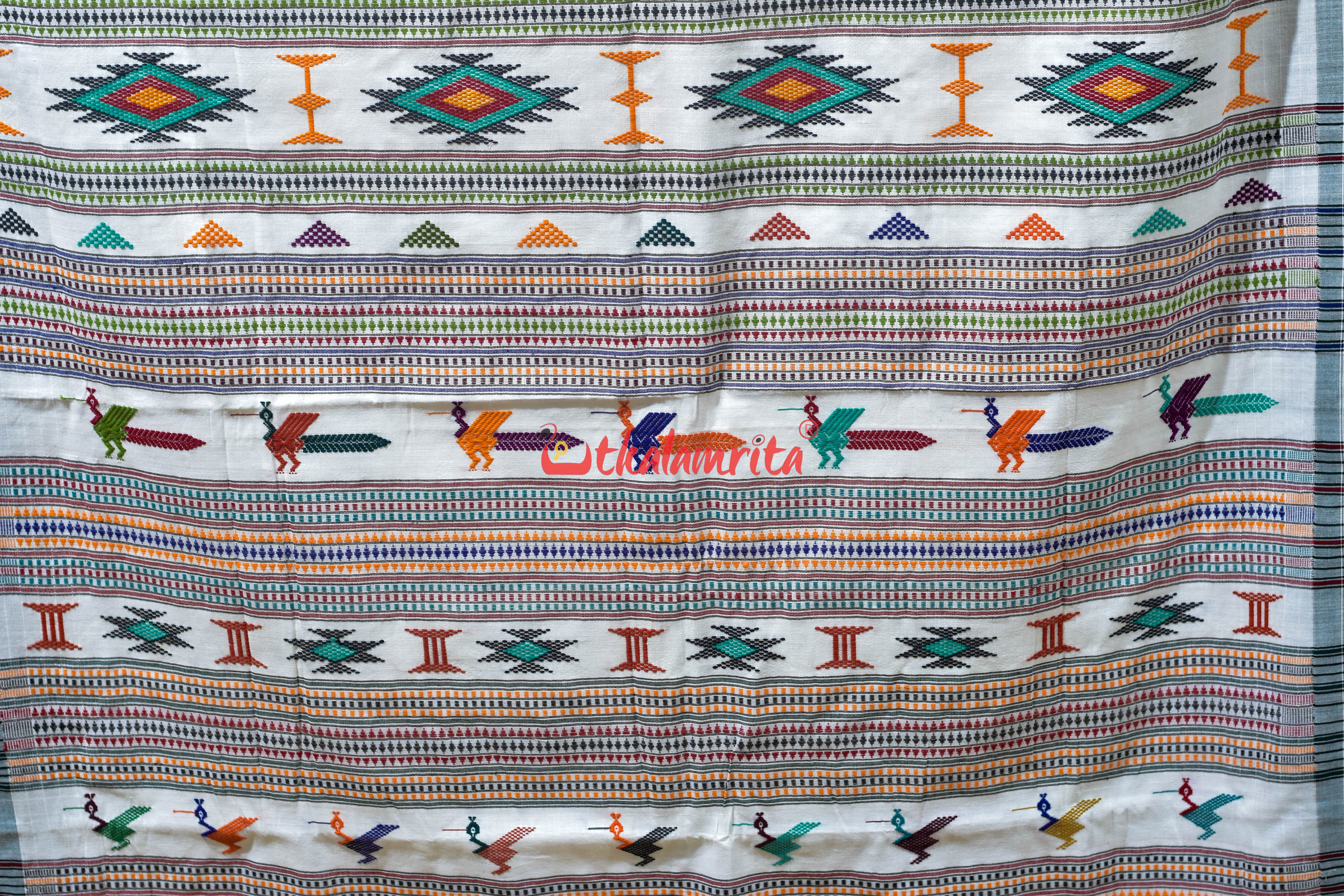 White Green Original Ganjam Bomkai Cotton Saree