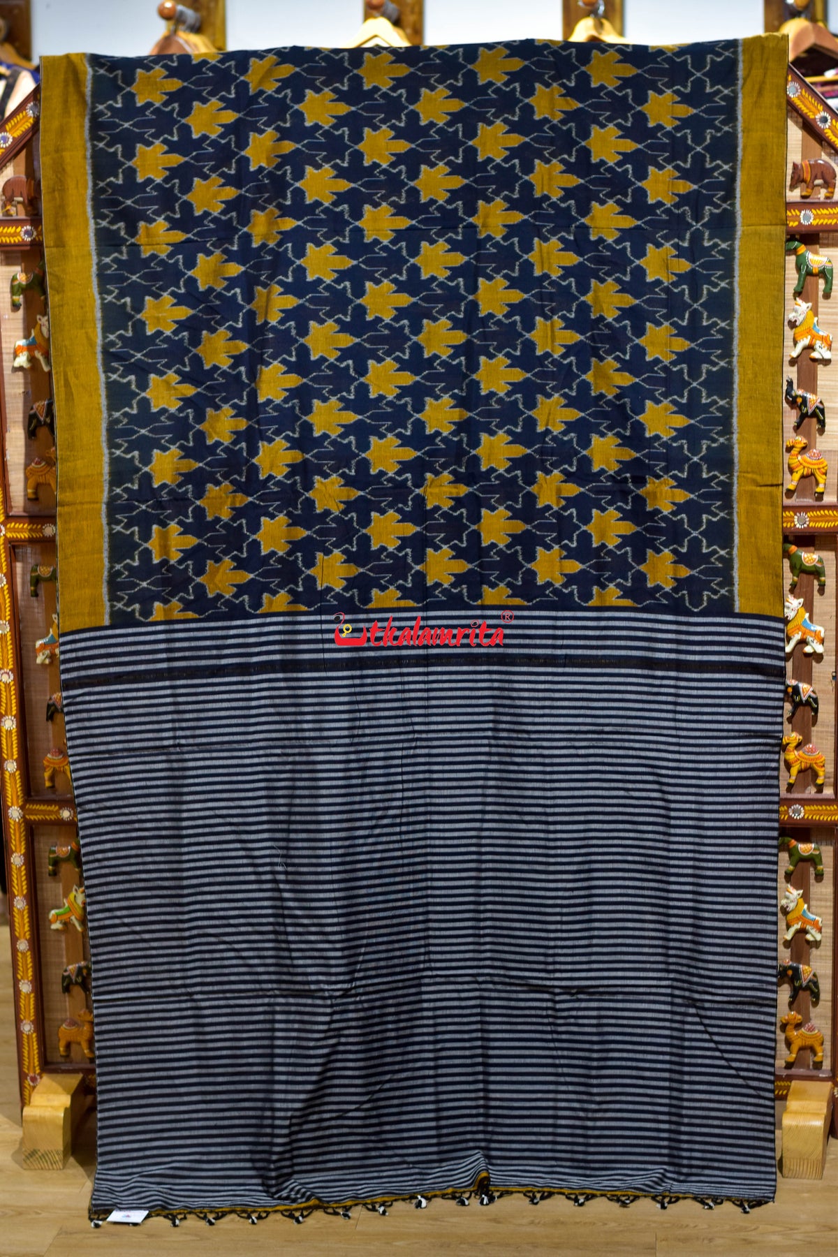 Kalara Patra Black Golden Maniabandha Cotton Saree