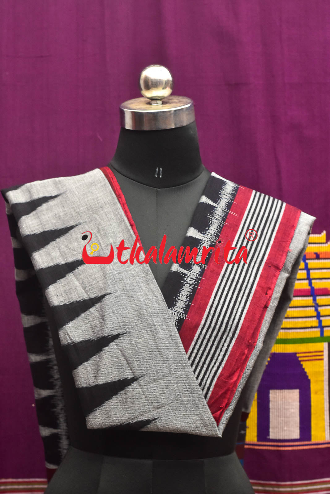 Grey Maroon Border Check Kumbha (Dupatta)