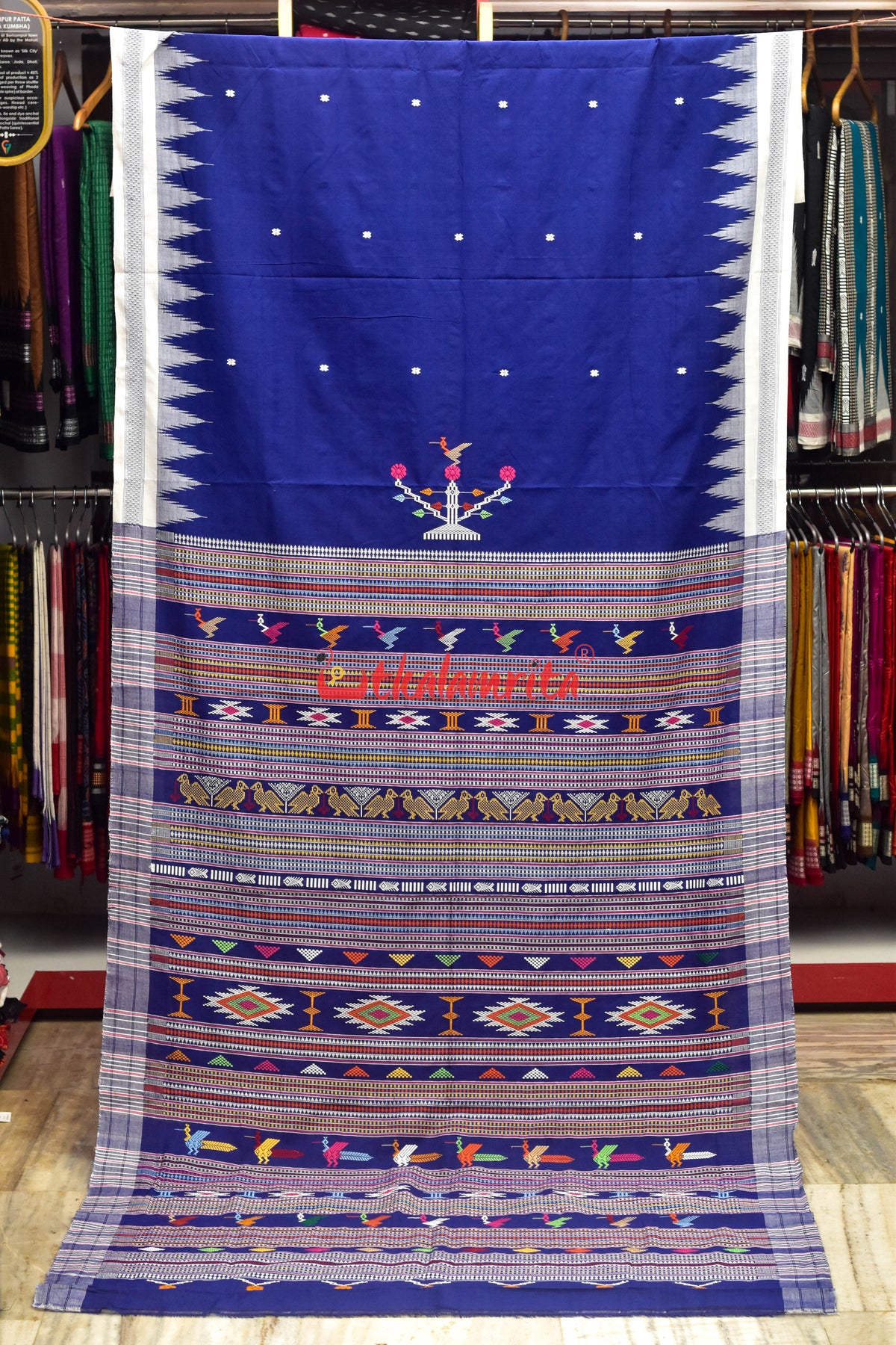 Deep Blue White Original Ganjam Bomkai Cotton Saree