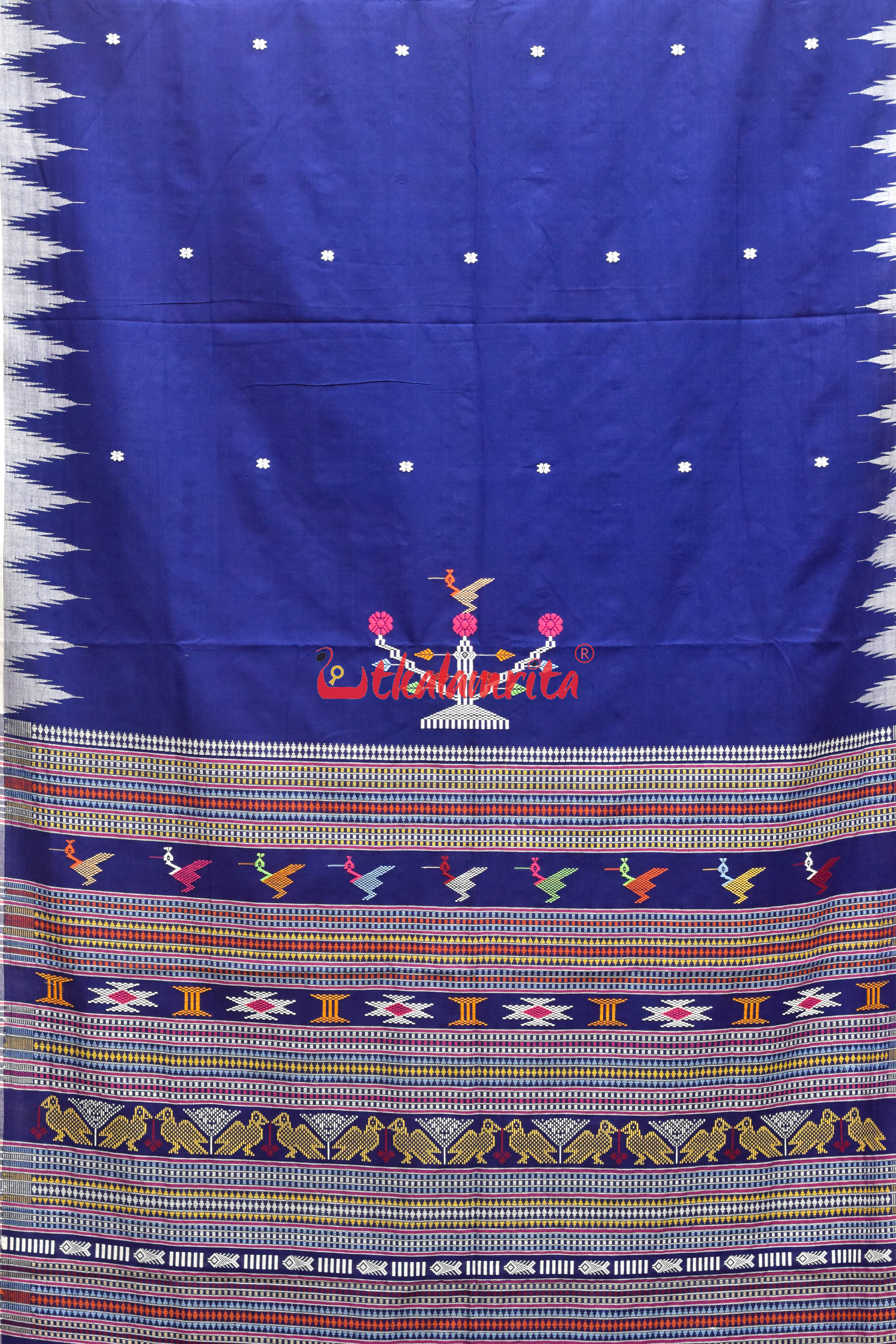 Deep Blue White Original Ganjam Bomkai Cotton Saree