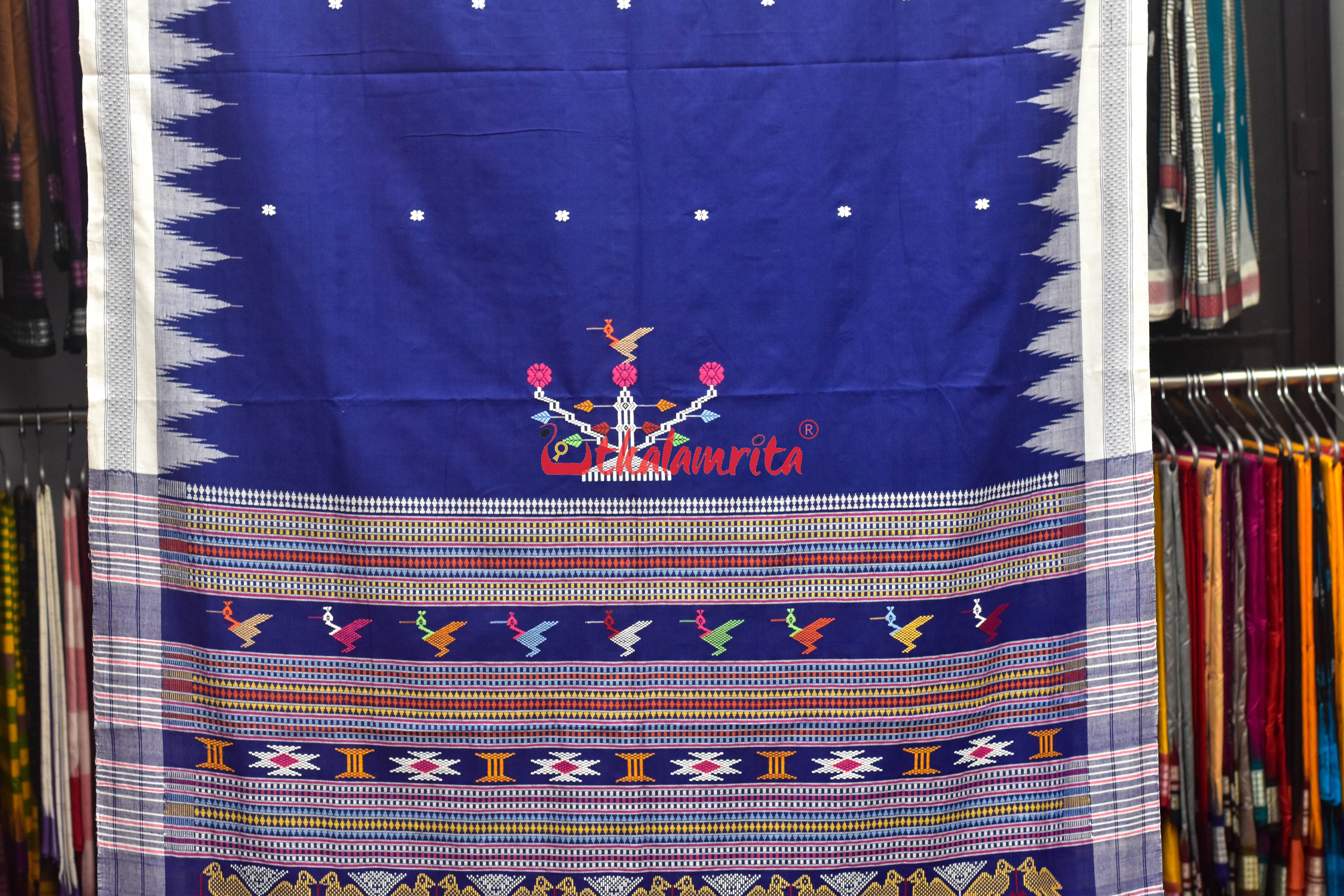 Deep Blue White Original Ganjam Bomkai Cotton Saree