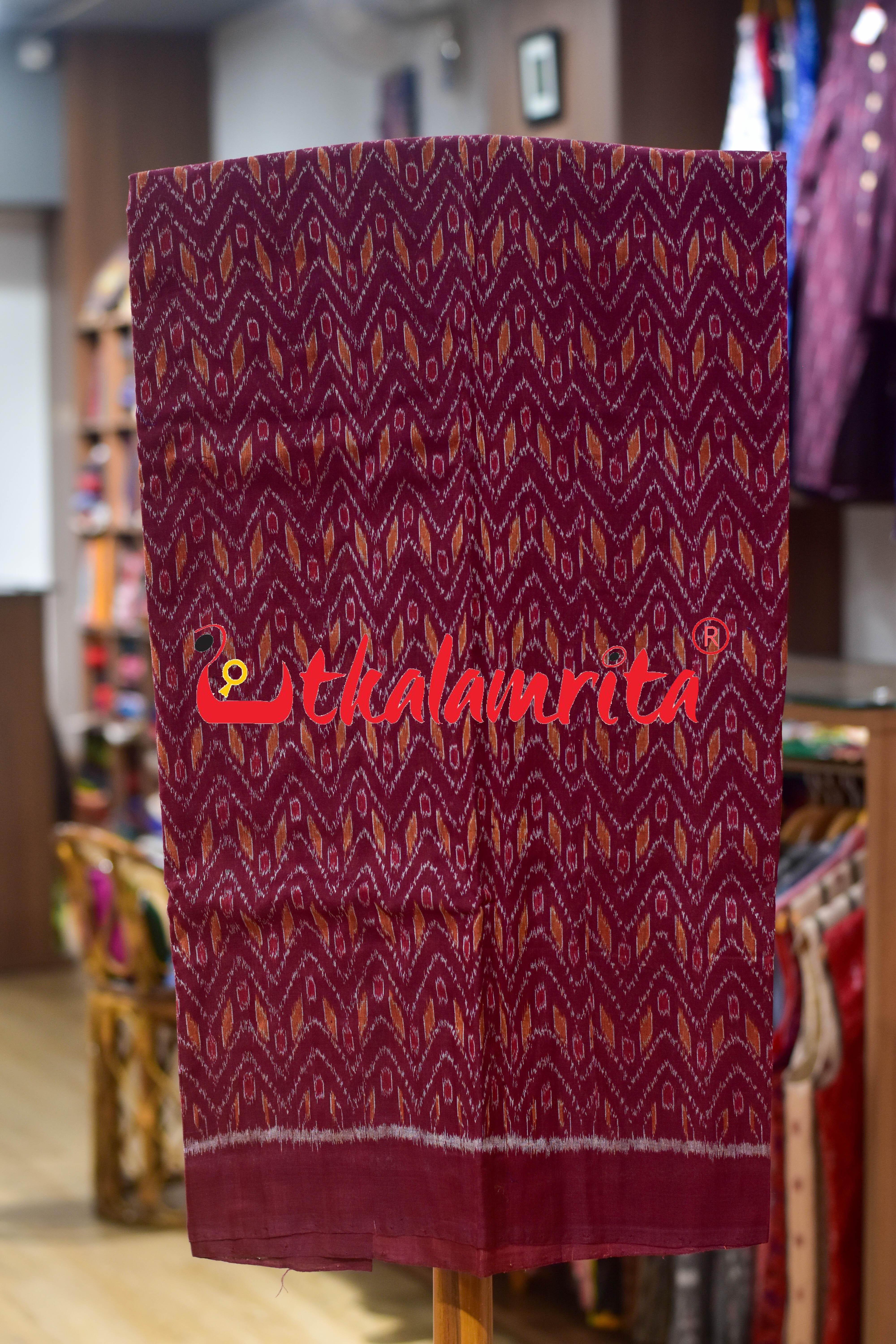 Maroon Yellow Thikiri Waves Sambalpuri Cotton Dress Set