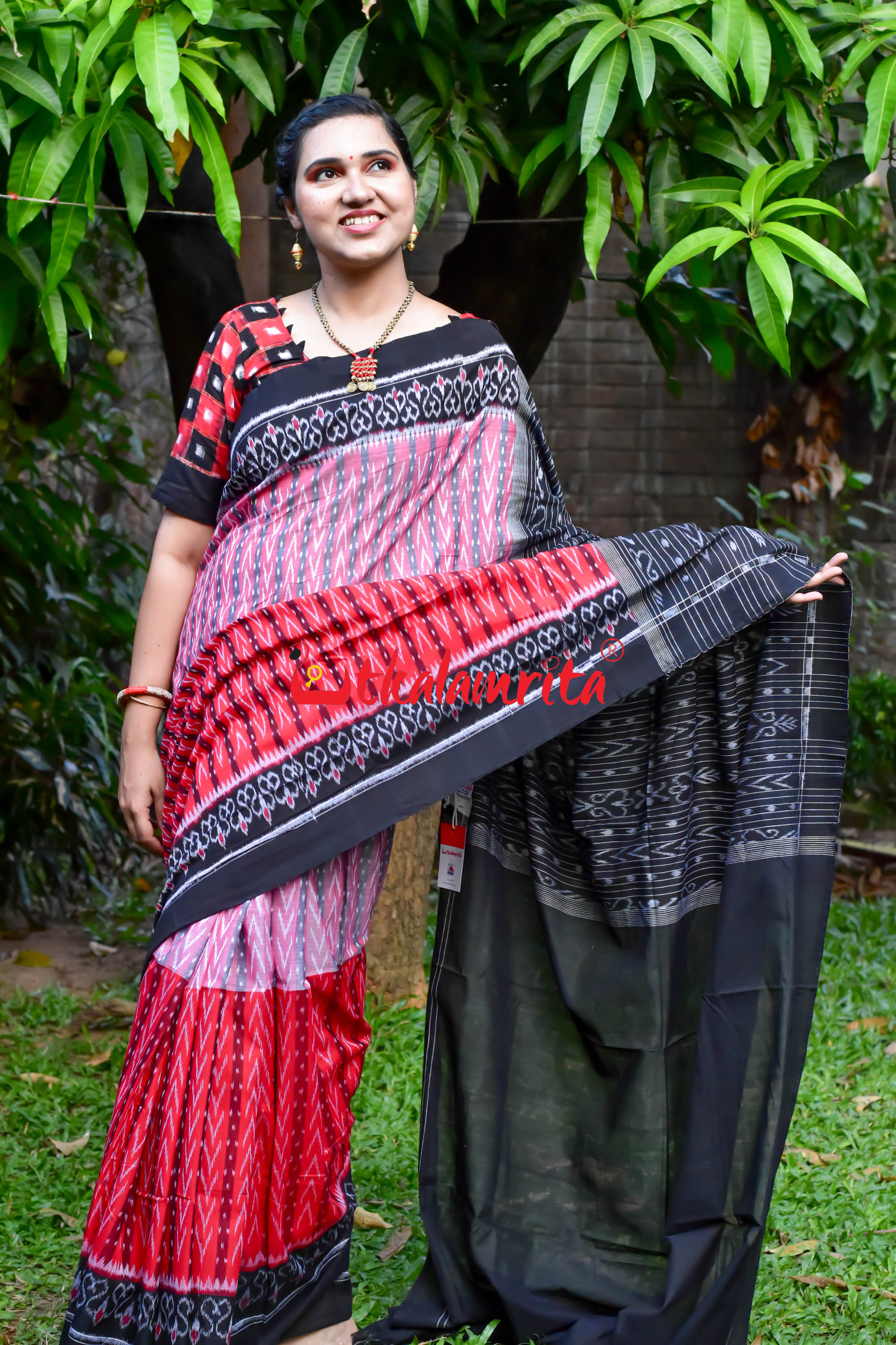 Half Half Pink Red Dhanpatri Sambalpuri Cotton Saree
