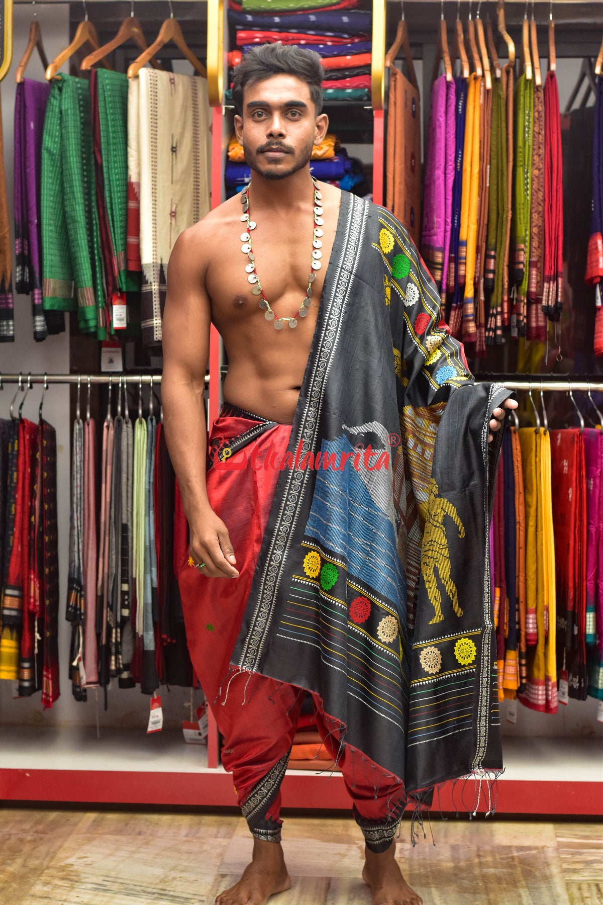 Red Konark Temple Tussar by Mulberry Silk Saree