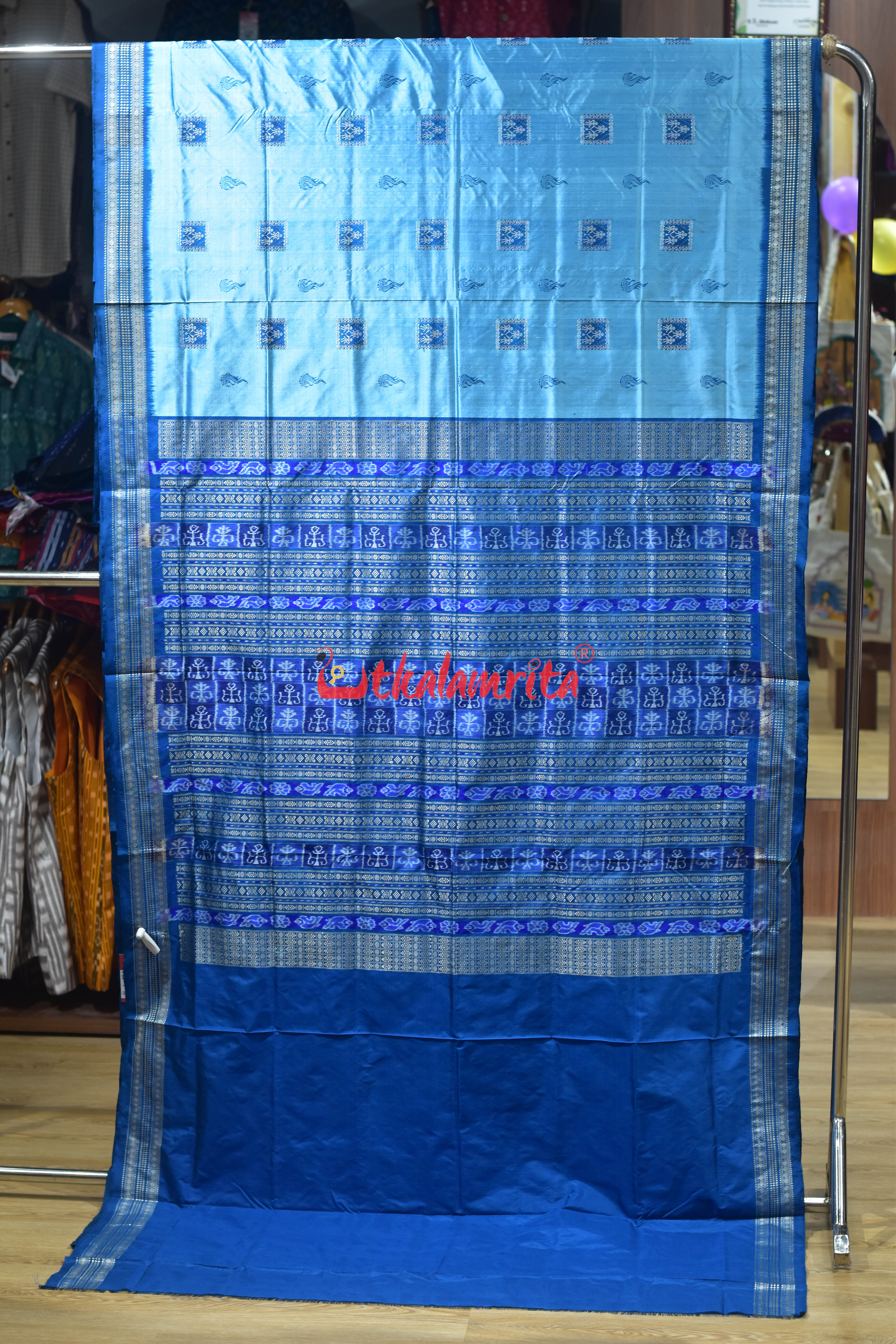 Sea Blue Box Tribal Bomkai Silk Saree