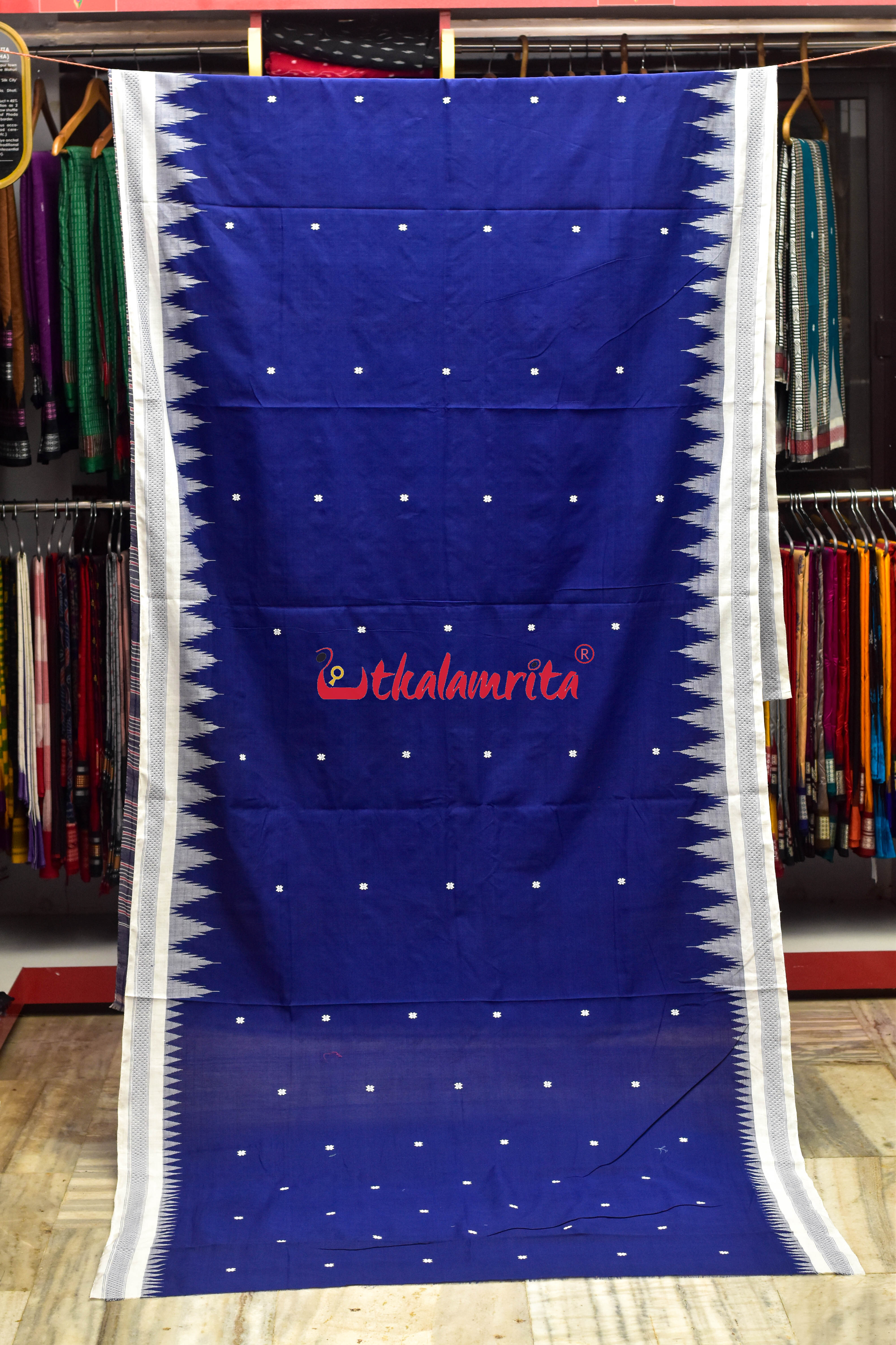Deep Blue White Original Ganjam Bomkai Cotton Saree