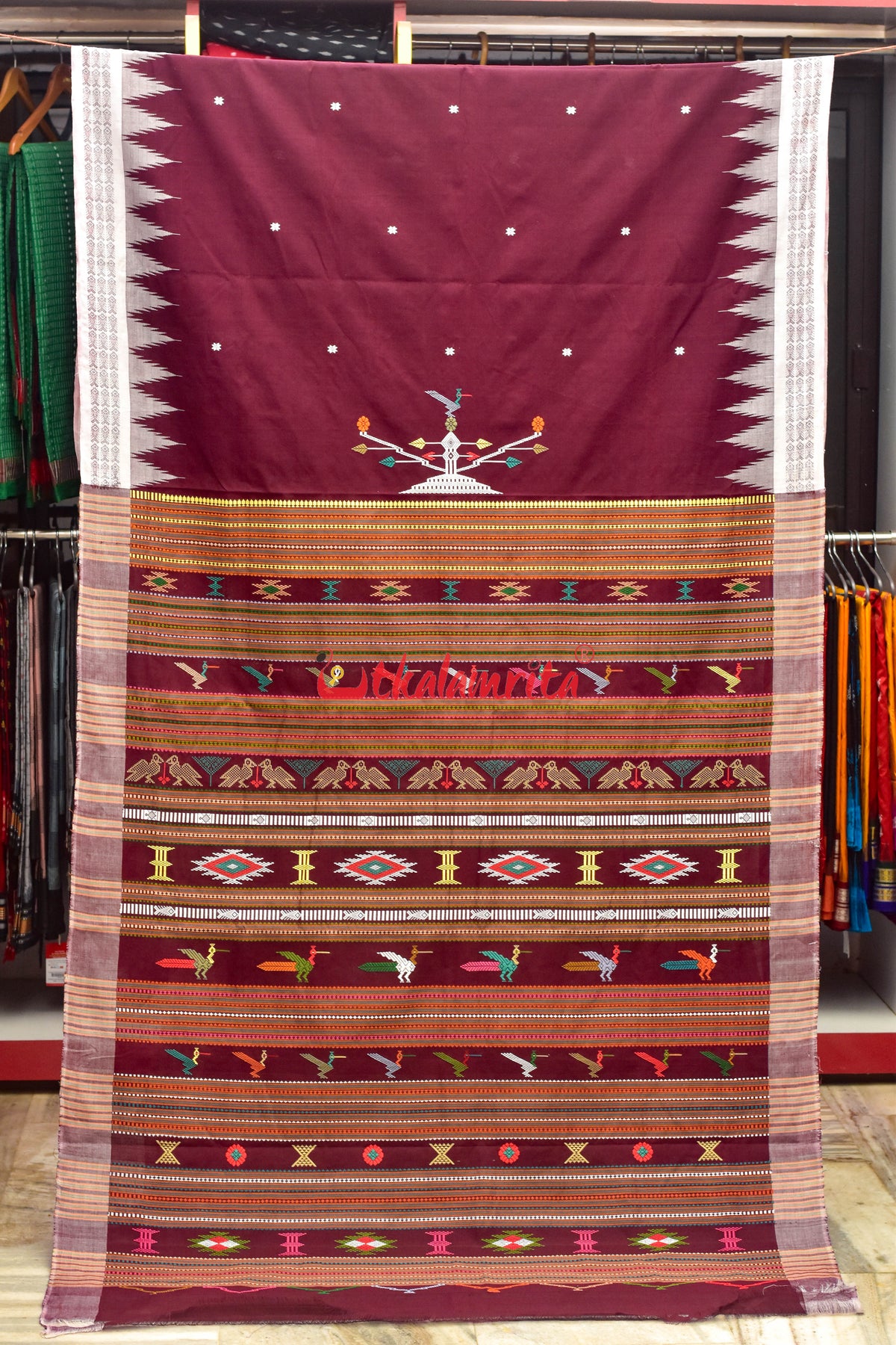 Maroon with White Fish Border Original Ganjam Bomkai Cotton Saree