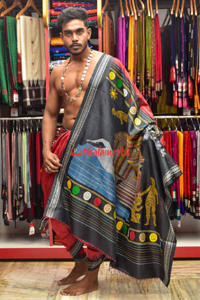 Red Konark Temple Tussar by Mulberry Silk Saree