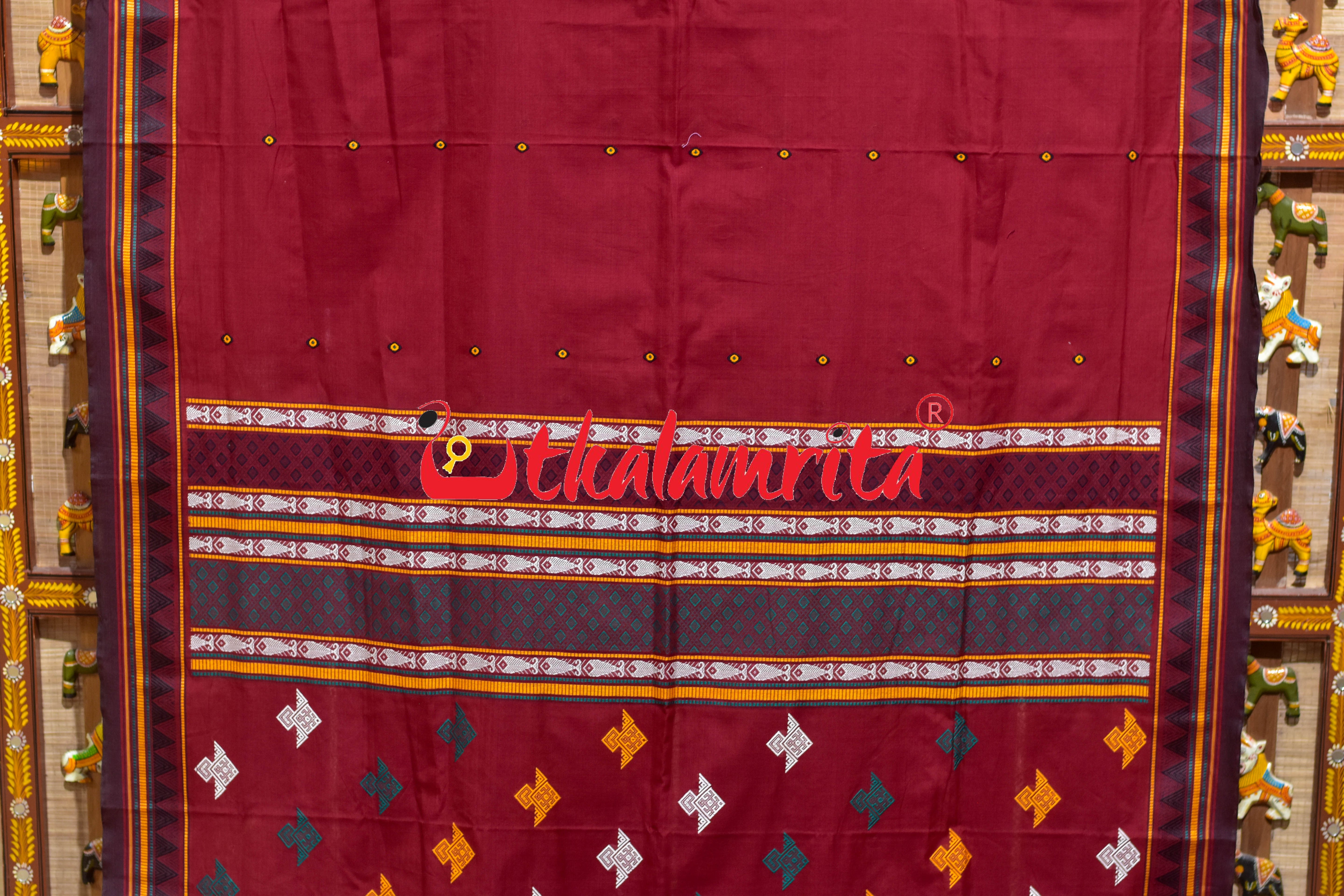 Maroon Black Fish Anchal Dongrioa Cotton Saree