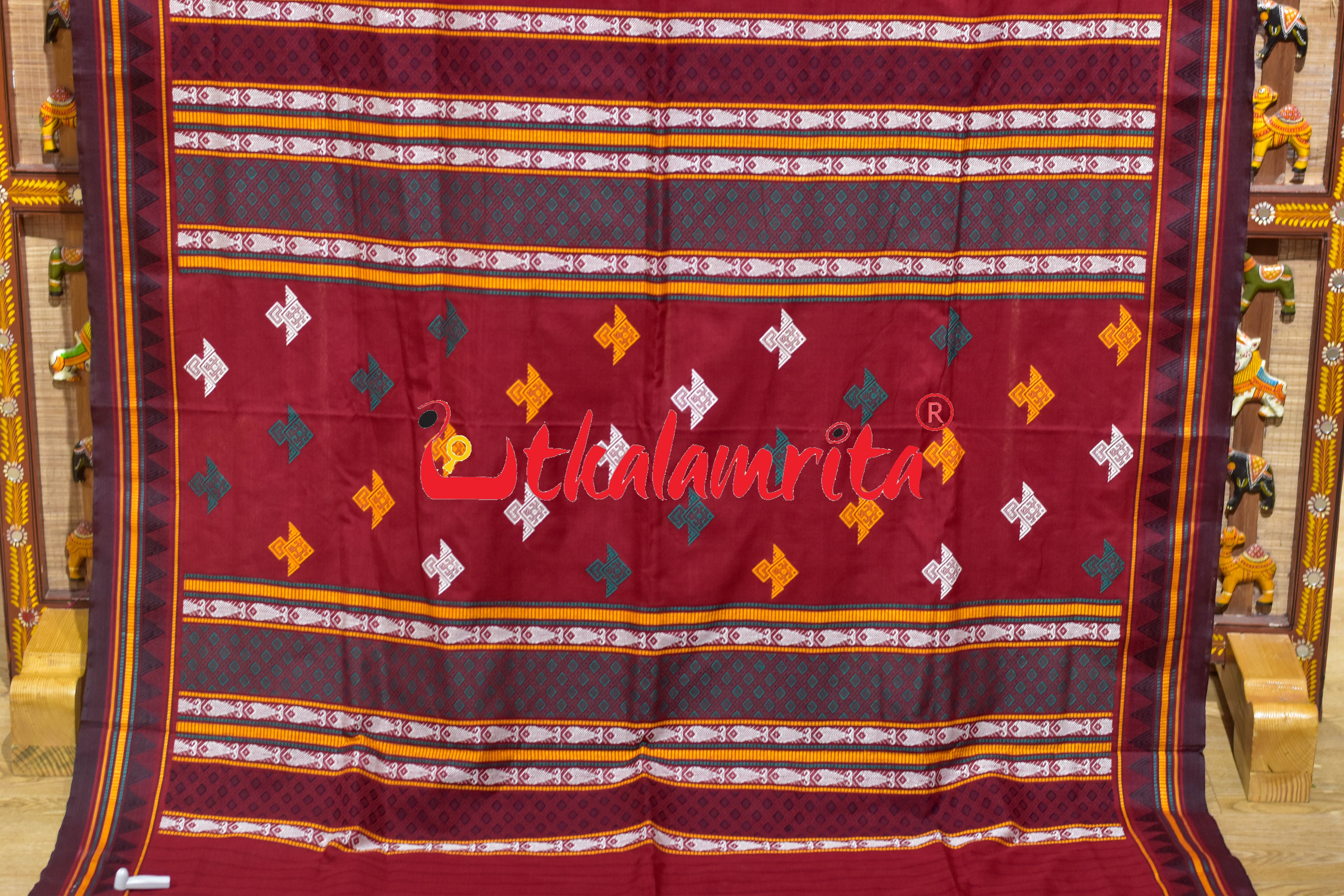 Maroon Black Fish Anchal Dongrioa Cotton Saree