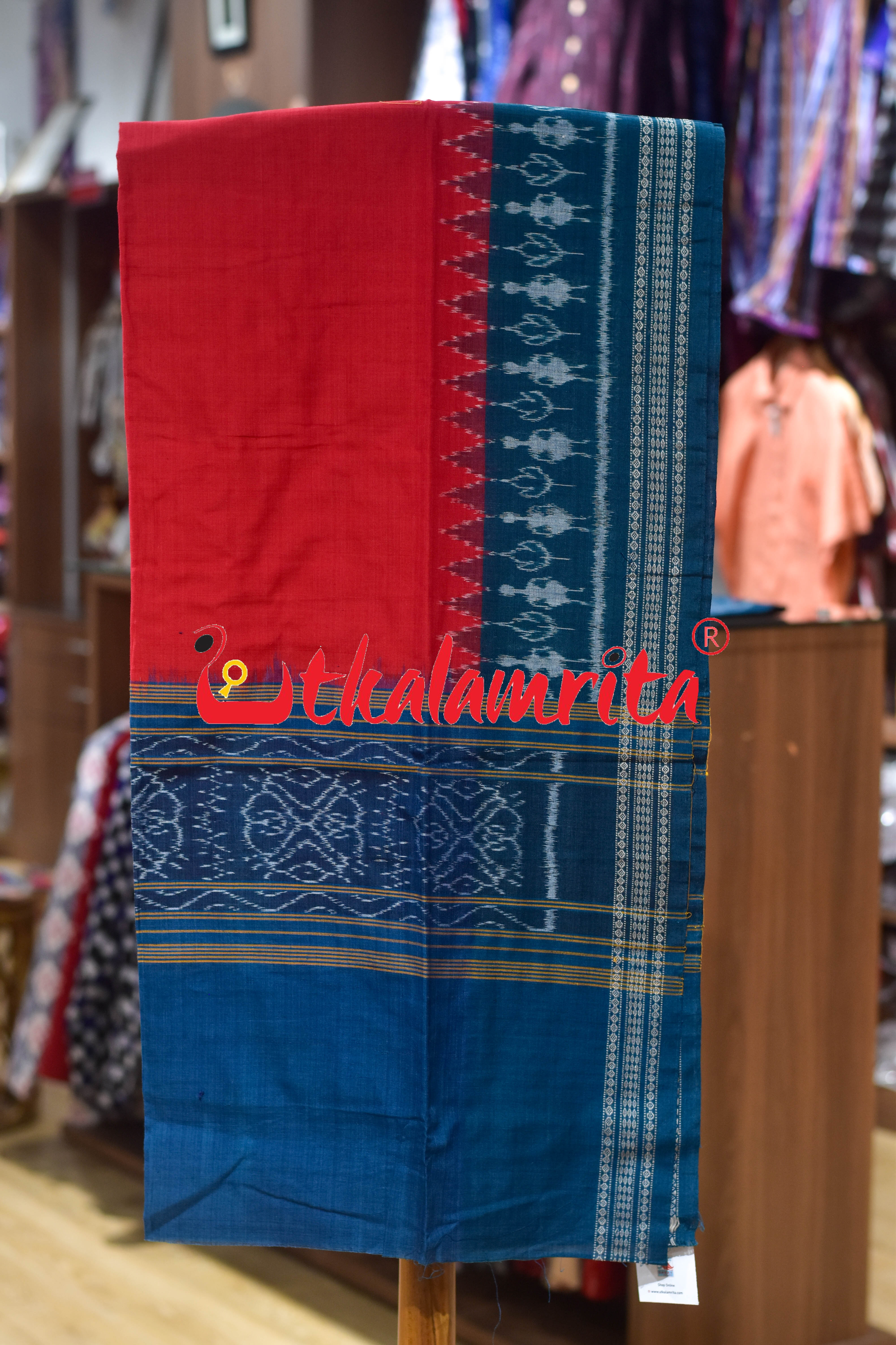 Teal Green Red Thikiri Waves Sambalpuri Cotton Dress Set