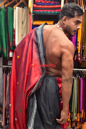 Red Konark Temple Tussar by Mulberry Silk Saree