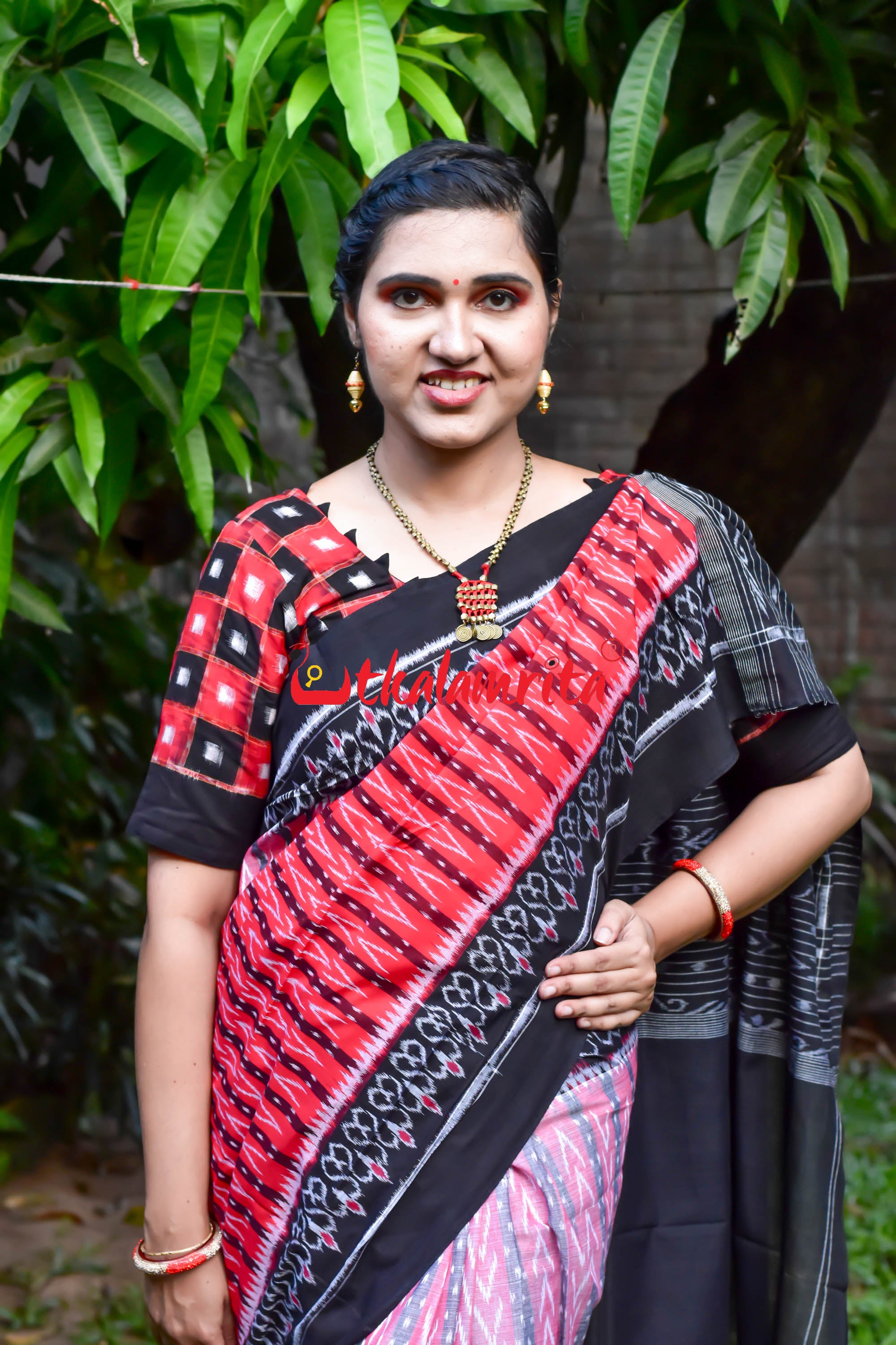 Half Half Pink Red Dhanpatri Sambalpuri Cotton Saree
