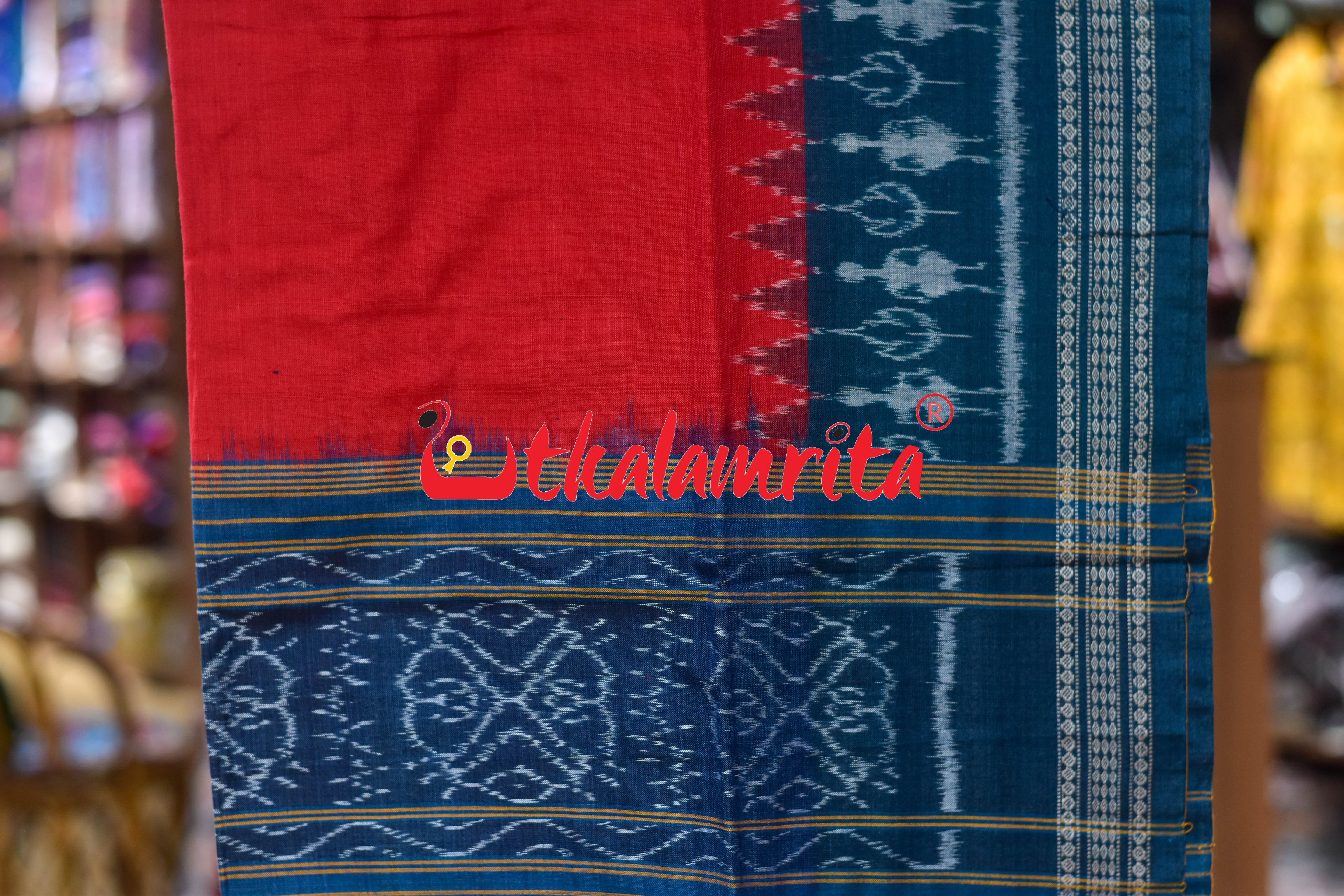 Teal Green Red Thikiri Waves Sambalpuri Cotton Dress Set