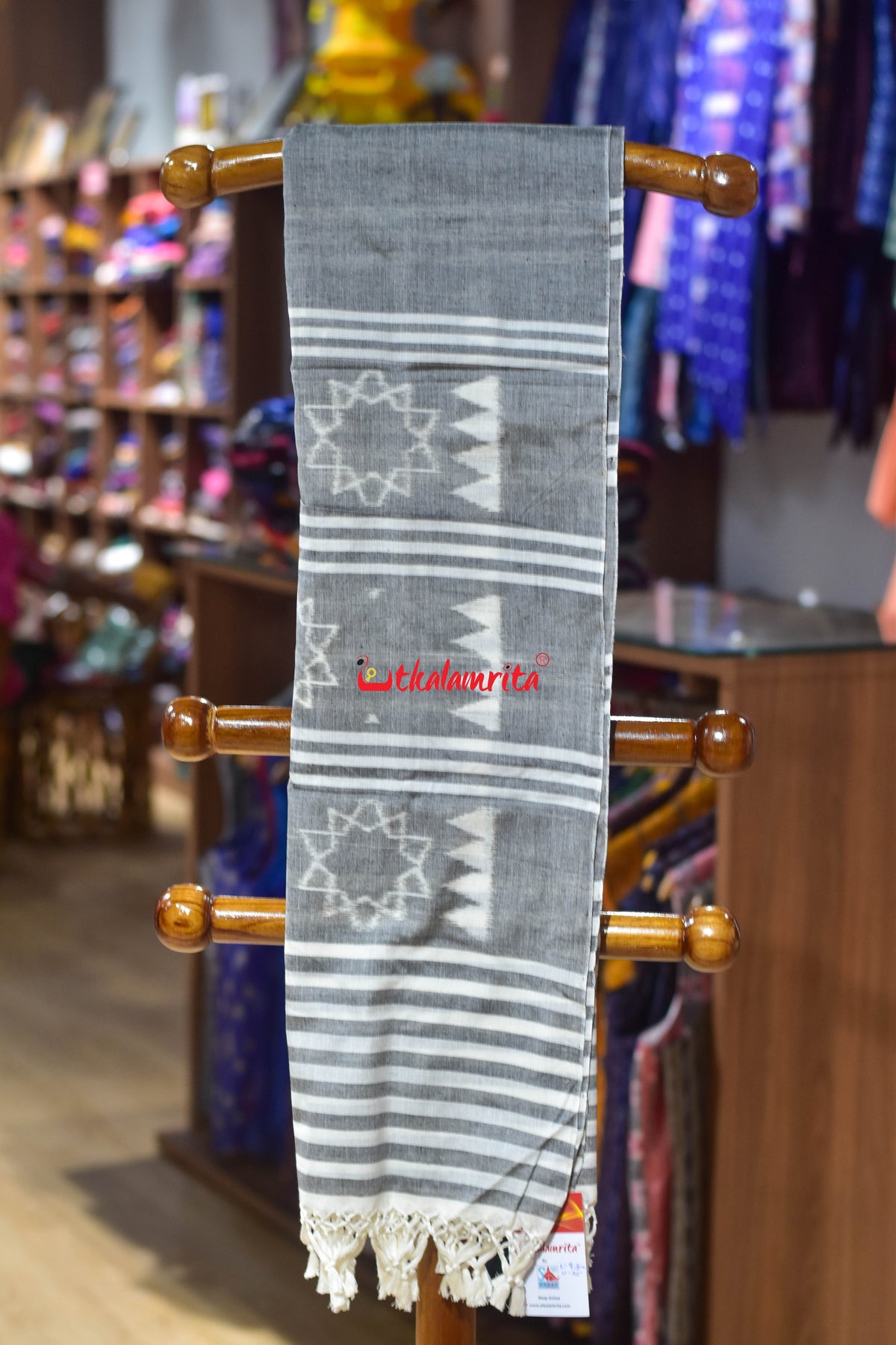 Grey Starry Anchal Lines Maniabandha Cotton (Dupatta)