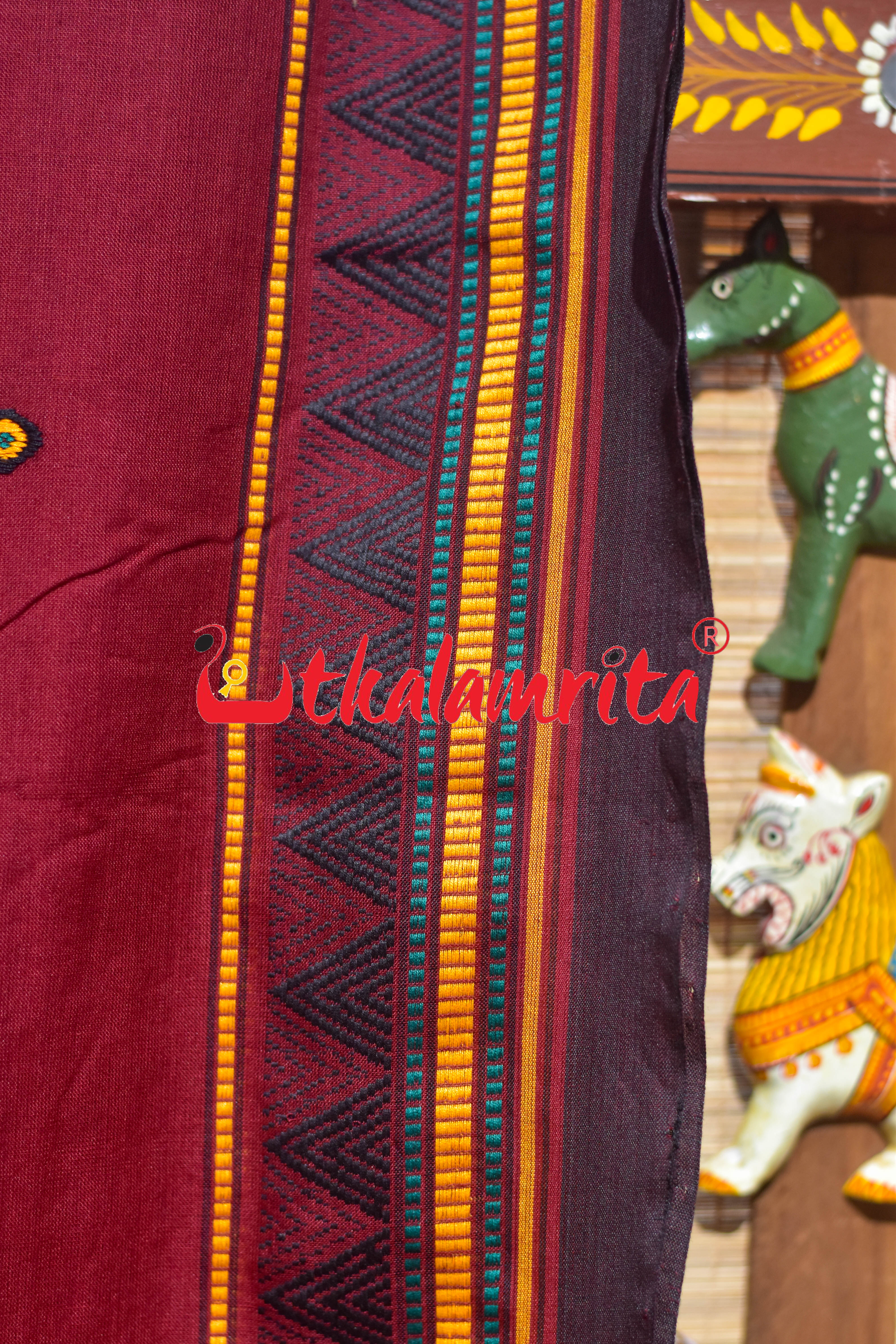 Maroon Black Fish Anchal Dongrioa Cotton Saree