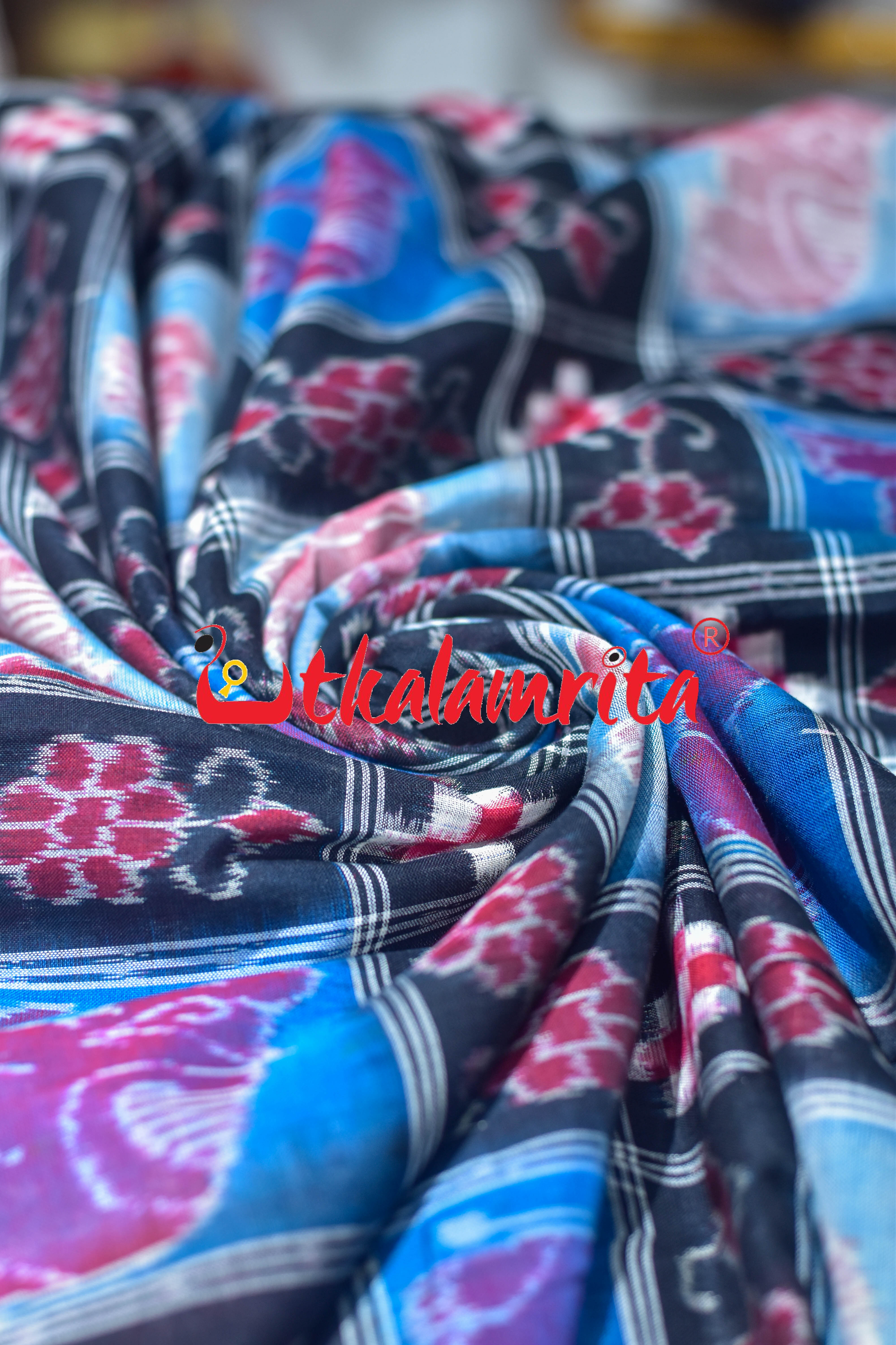 Blue Black Elephants Sambalpuri Cotton (Fabric)