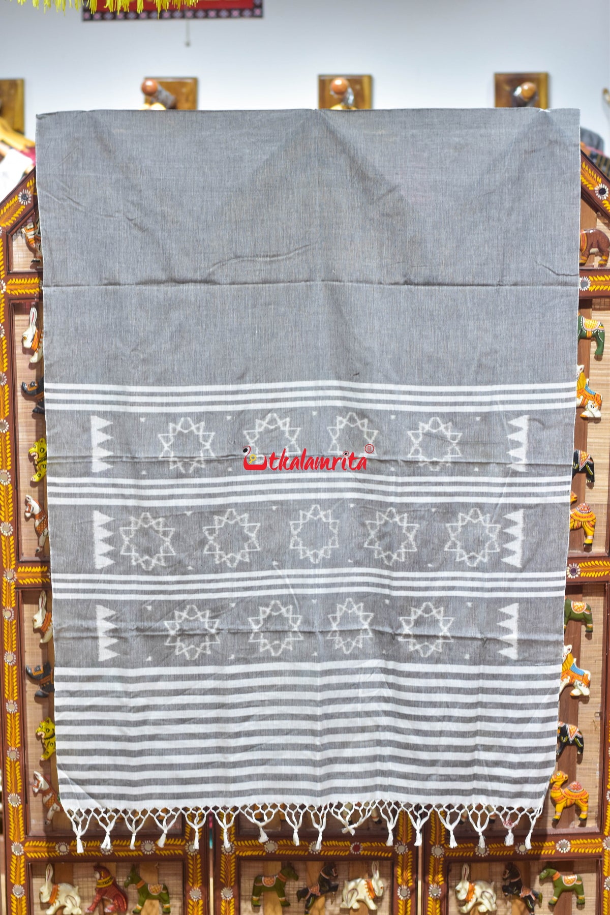 Grey Starry Anchal Lines Maniabandha Cotton (Dupatta)