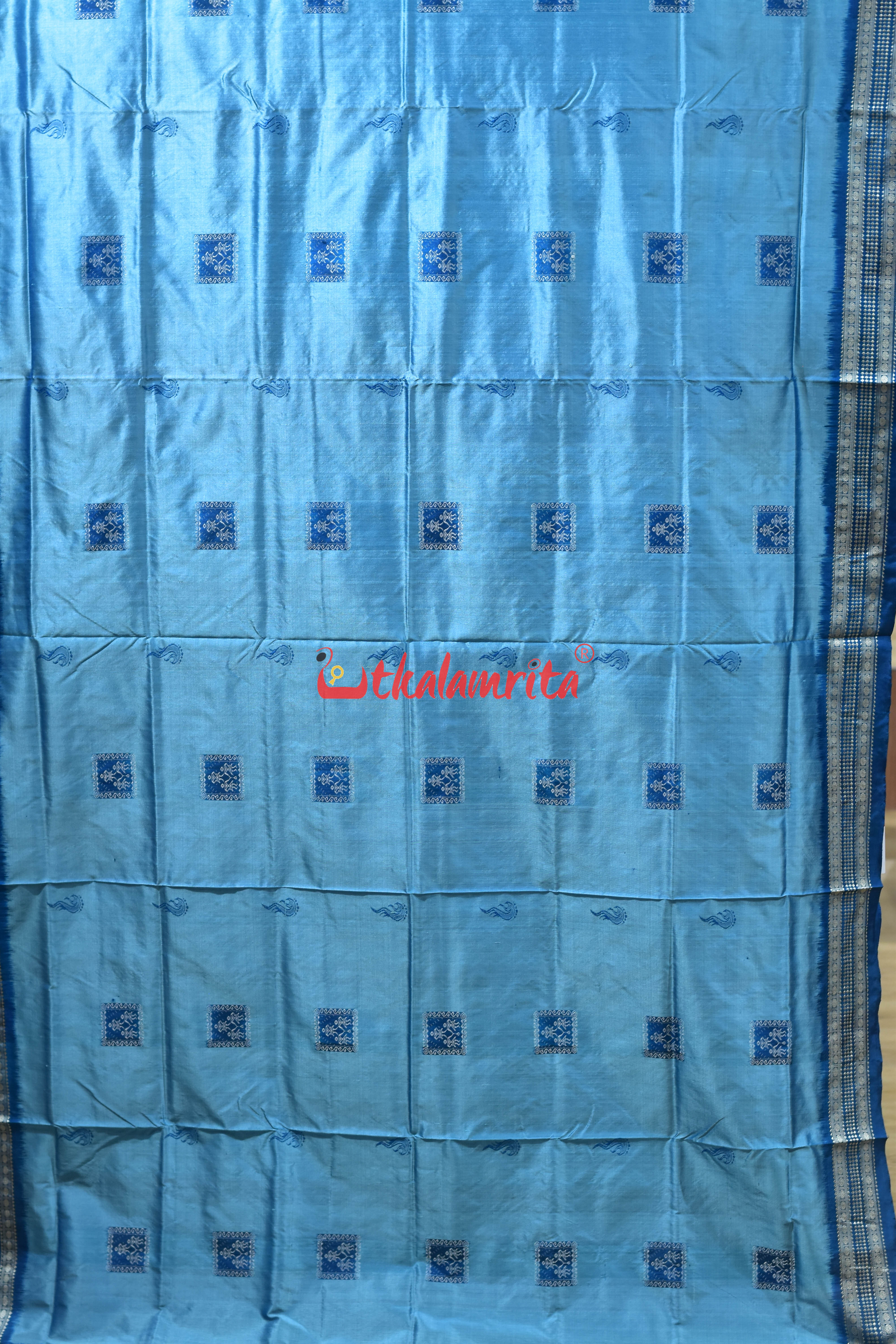 Sea Blue Box Tribal Bomkai Silk Saree