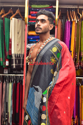 Red Konark Temple Tussar by Mulberry Silk Saree