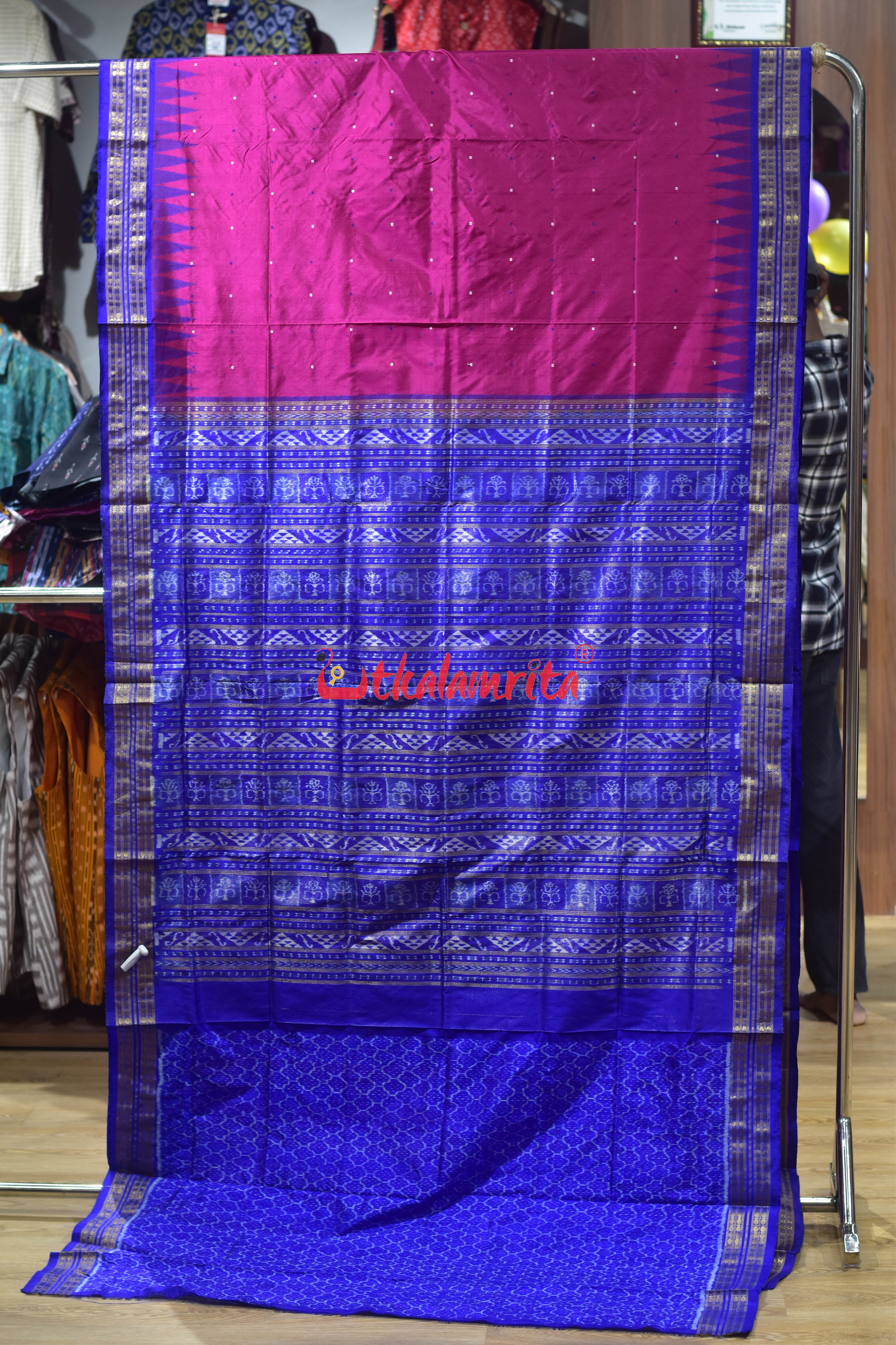 Magenta with Blue Buti Half Tissue Silk Saree