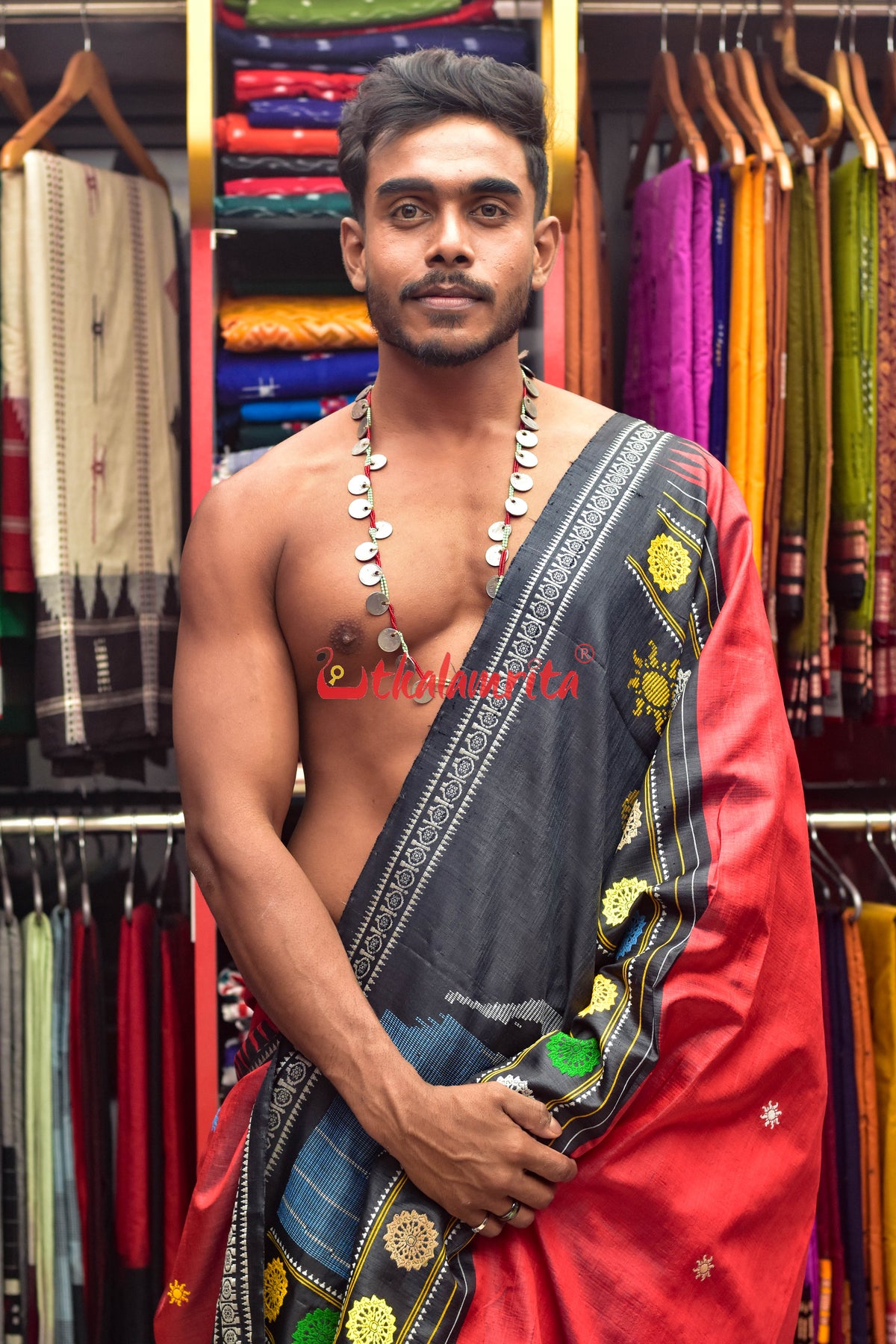 Red Konark Temple Tussar by Mulberry Silk Saree