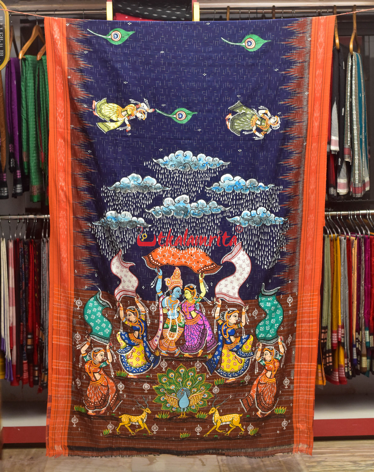 Blue Jharana with Barsha Rassa Pattachitra Cotton Saree