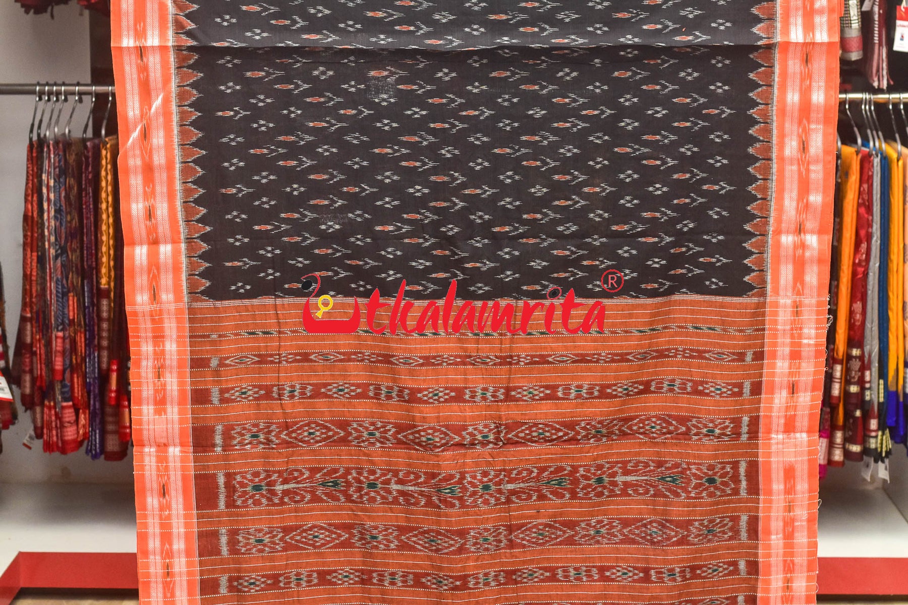 Black with Orange Kadha Khandua Cotton Saree