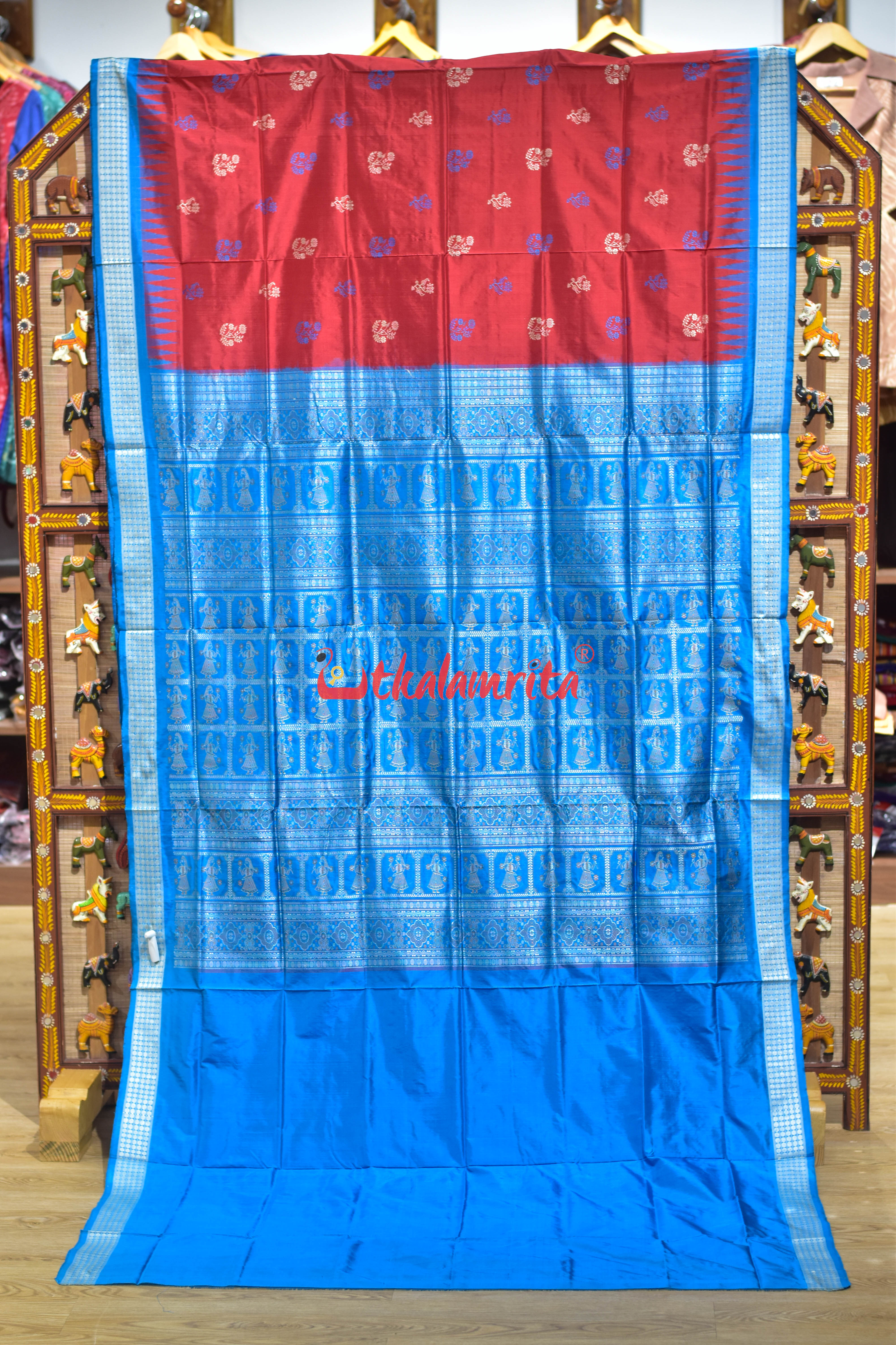 Red Flower Body with Blue Border Bomkai Silk Saree